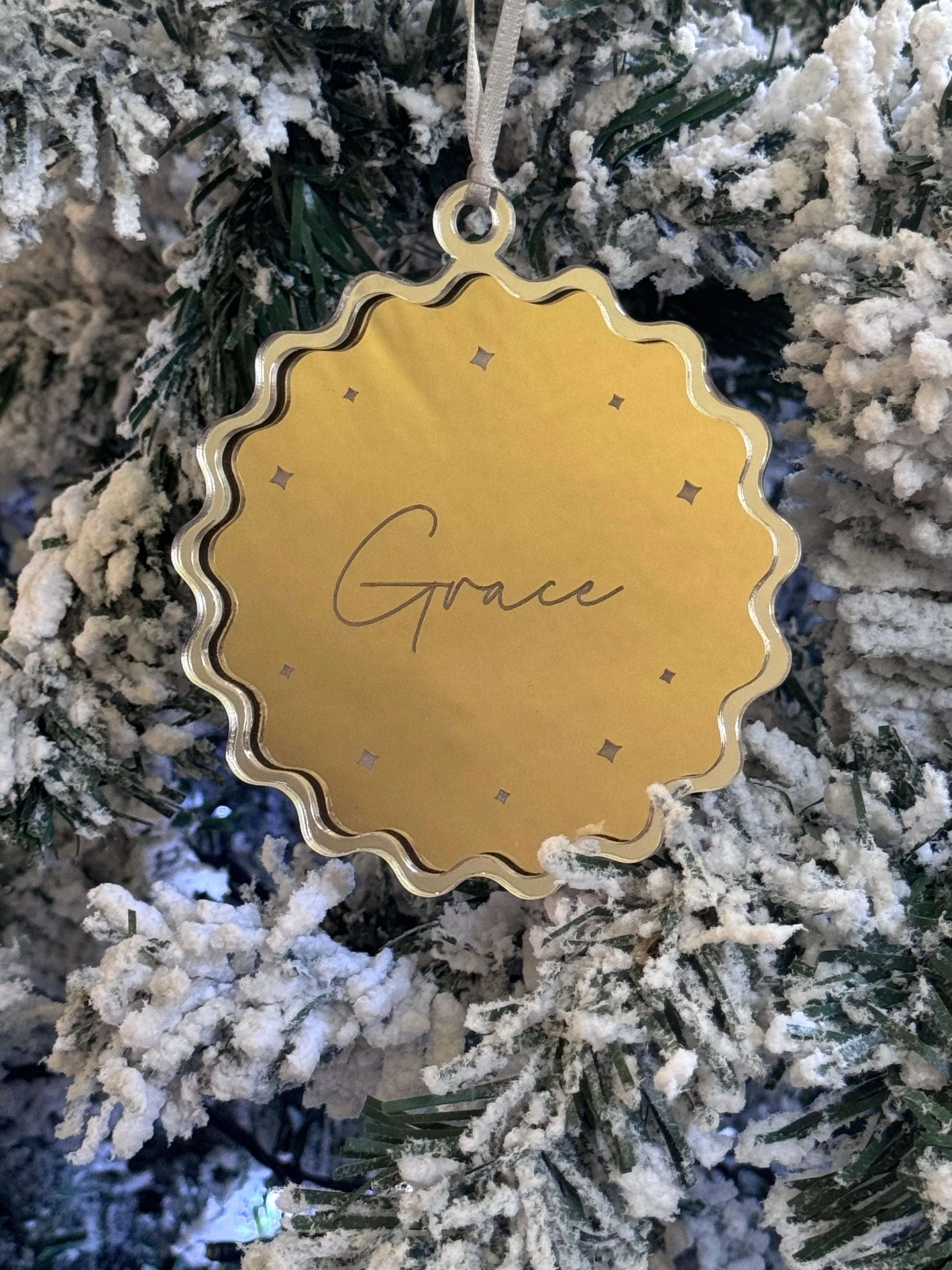 Double Layer Personalised Christmas Ornament – Scalloped Mirrored Acrylic 3D Bauble - Make It Personal Gift Co