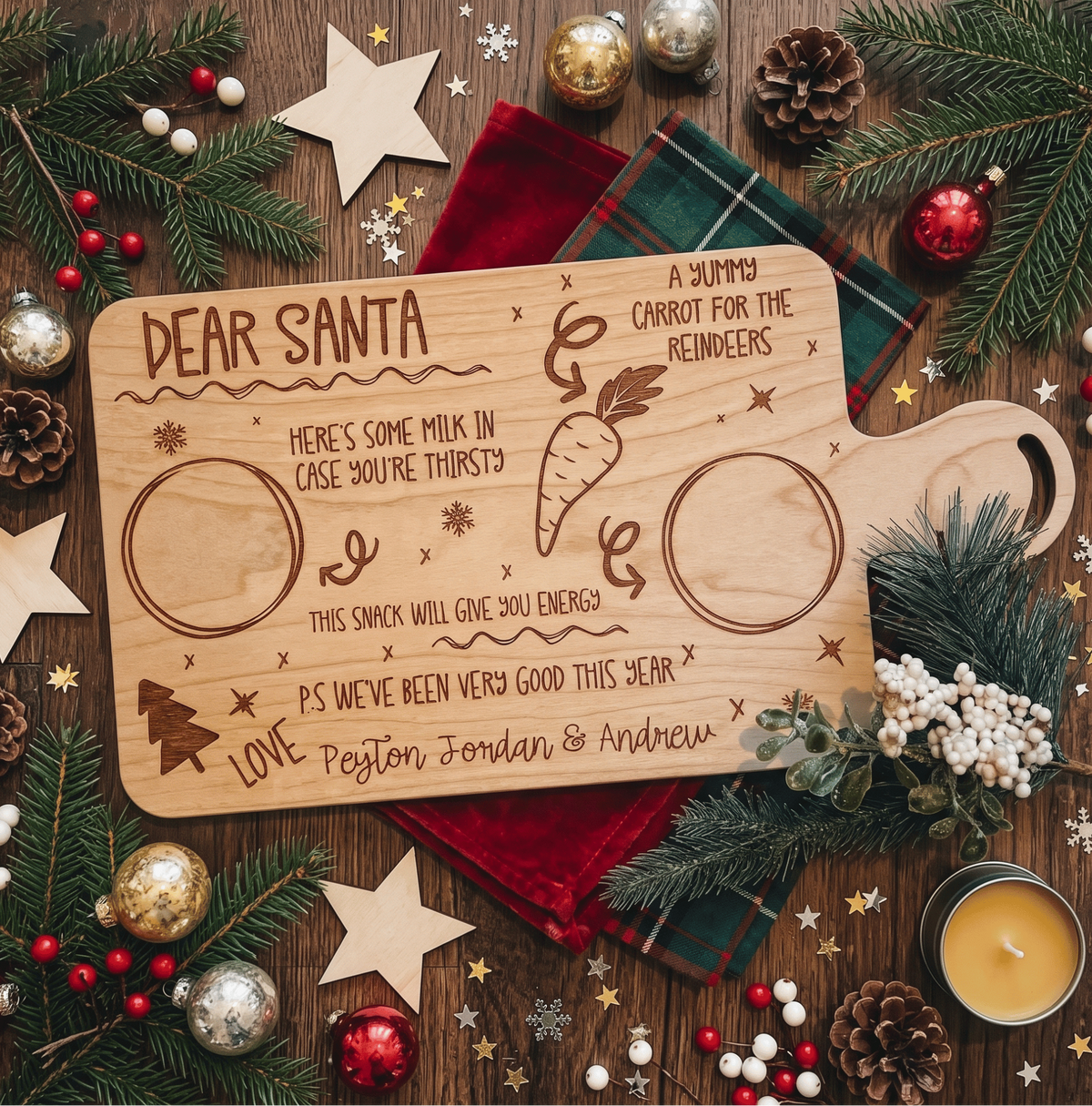Close up view of custom laser engraved timber Santa treat board showing detailed lettering for Santa and Rudolph treats