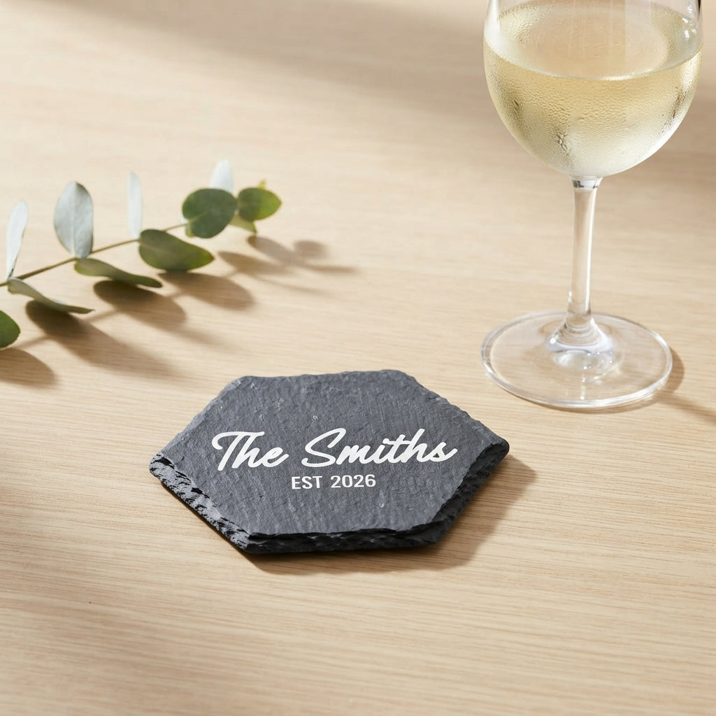 Close up of custom laser engraving on a dark geometric slate coaster showing strong modern lettering and chipped edges.