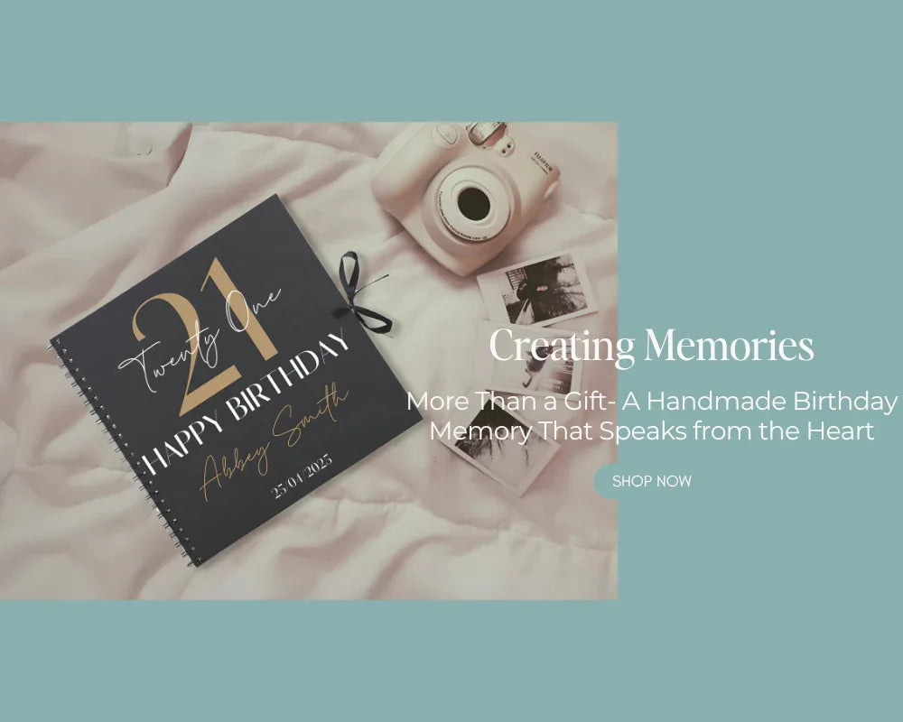 Personalised birthday Scrapbook with camera and photos on a soft surface, text overlay promoting a handmade memory product.