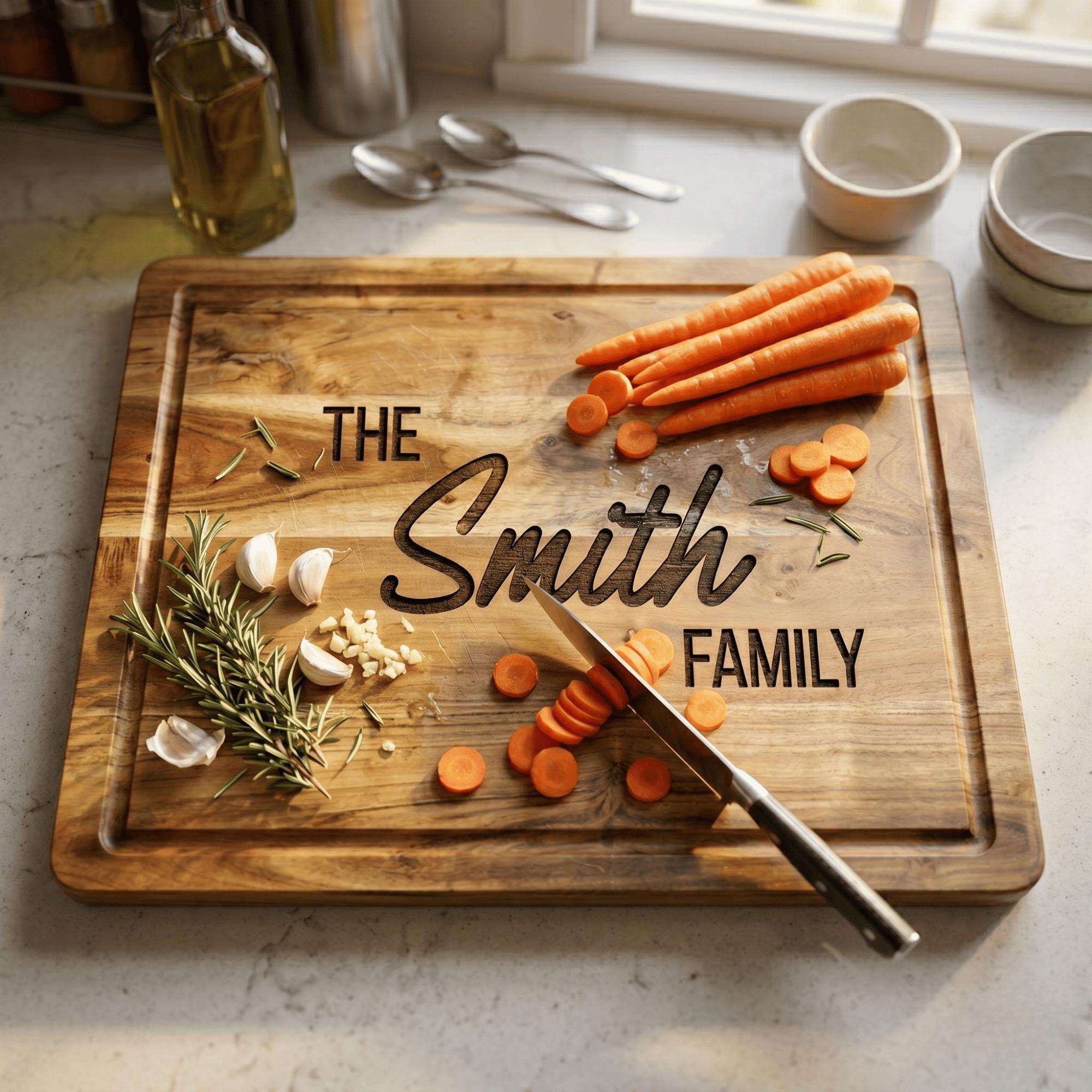 Wooden cutting board with 'The Smith Family' engraving, carrots, and kitchen utensils on a countertop.