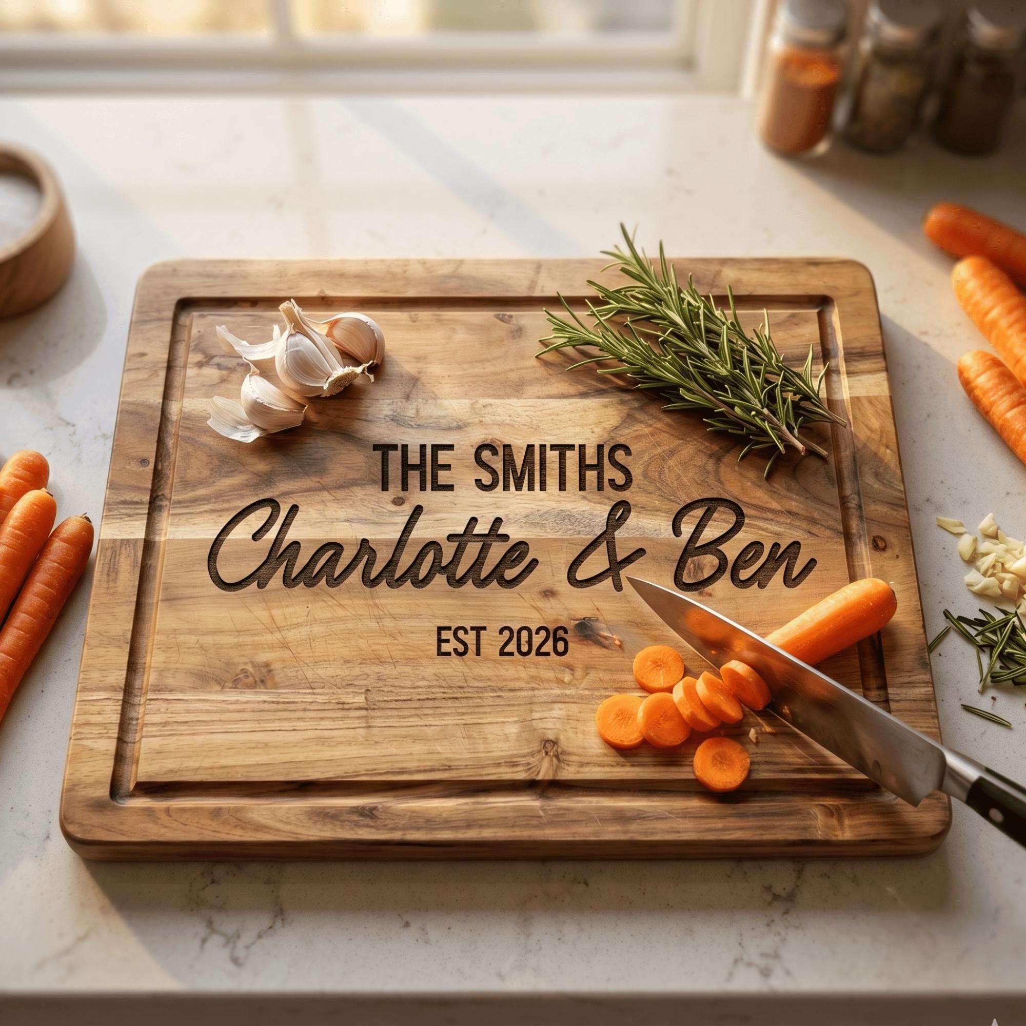 Wooden cutting board with engraved names and date, surrounded by carrots and kitchen items.