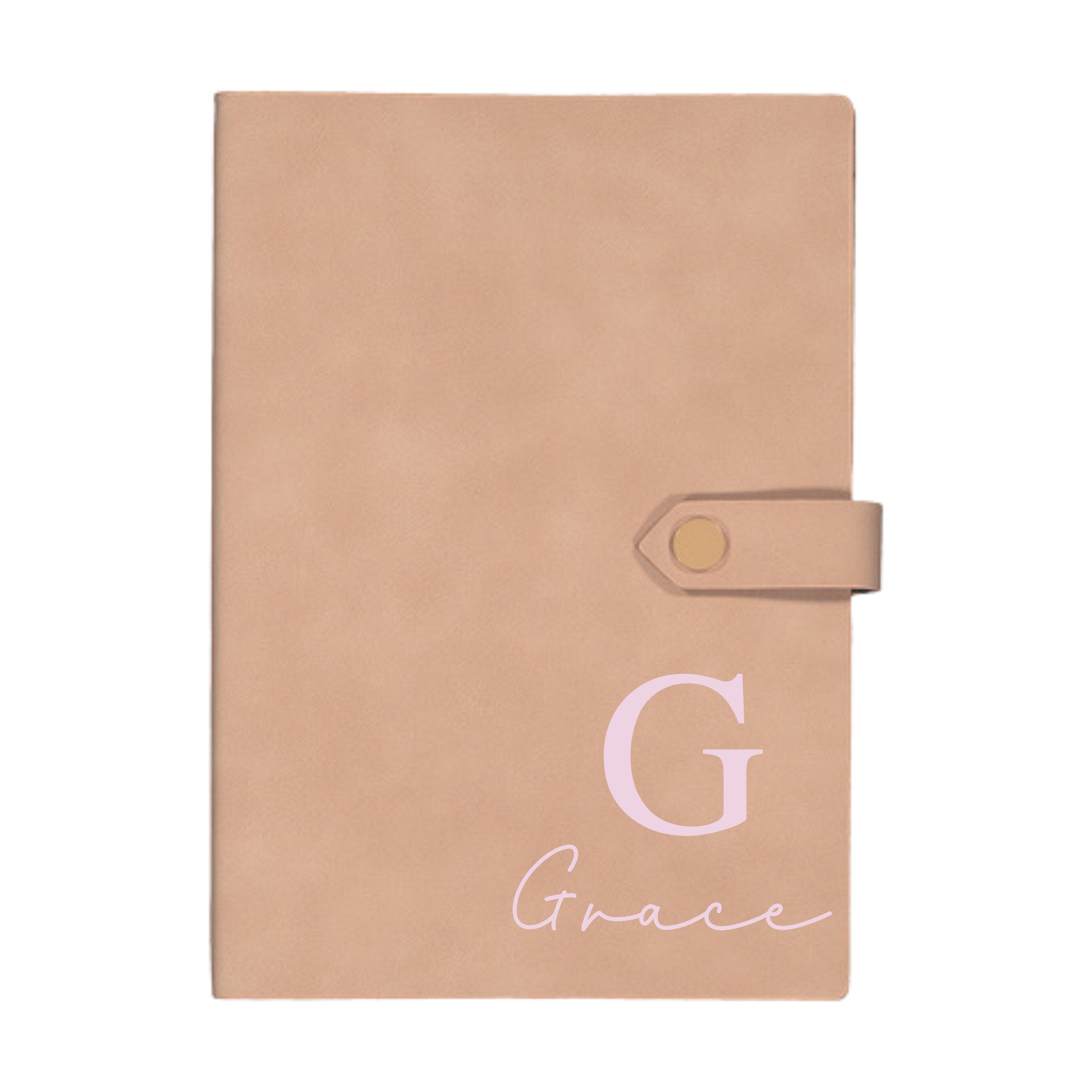 Blush pink personalised A5 vegan suede notebook with large 'G' initial and custom name Grace – soft cover journal, perfect for gifting.