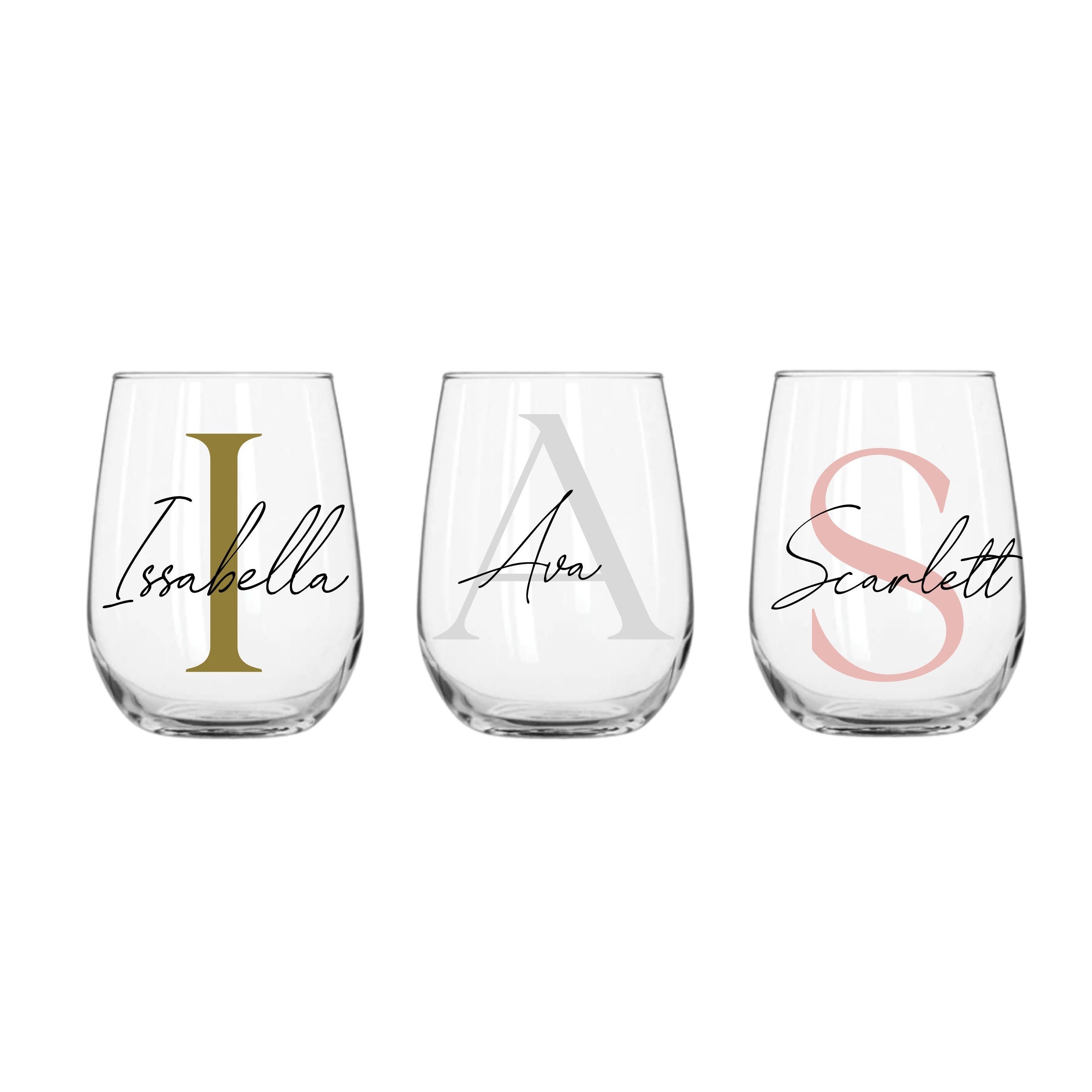 Set of three personalised 360ml stemless wine glasses with names Scarlett, Ava, Isabella, custom birthday gifts for her or him, personalised wineglass Australia