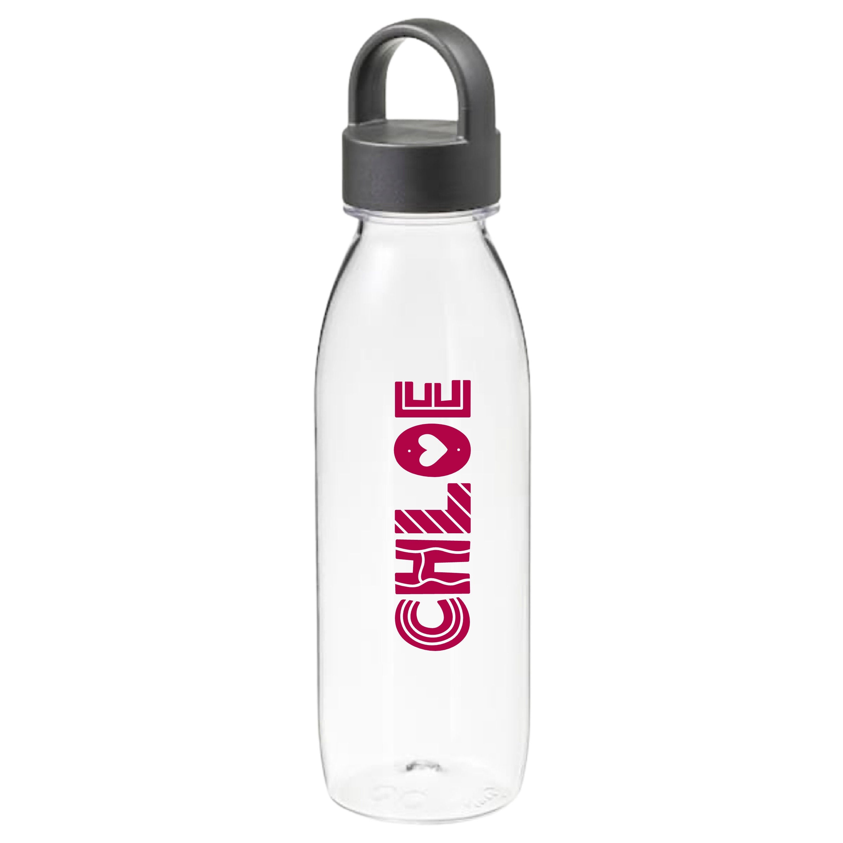 Personalised kids drink bottle with the name Chloe in pink heart and stripe font, custom water bottle for school or gifts