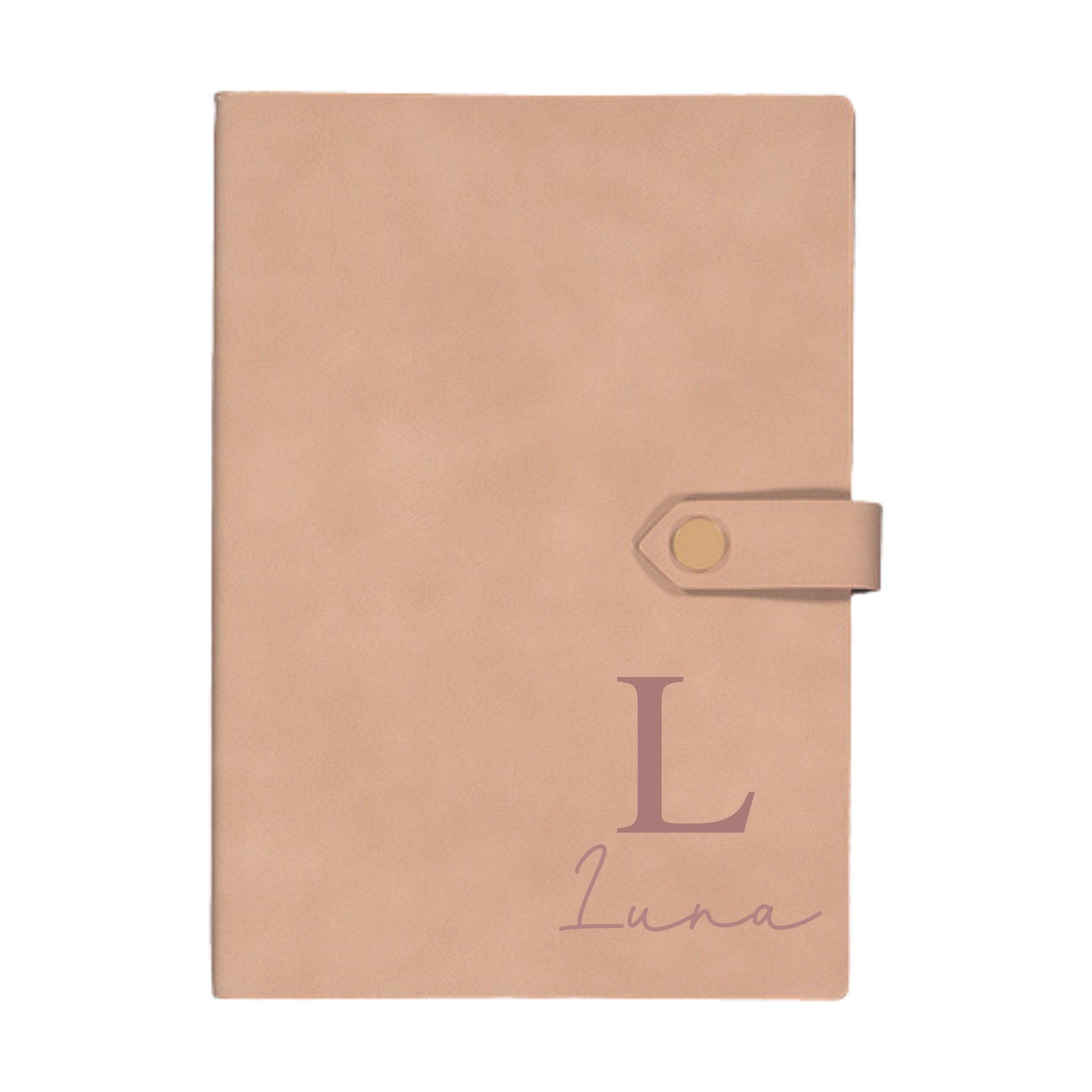 Custom pink A5 vegan suede notebook with large ‘L’ initial and name Luna – personalised gift for her, ideal for journaling.