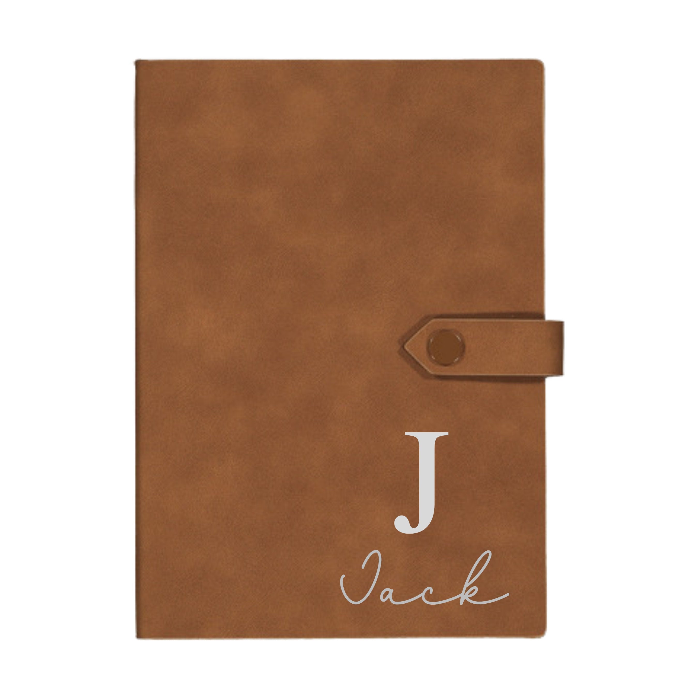 Brown A5 vegan suede personalised notebook with bold ‘J’ initial and name Jack – stylish and practical custom gift idea