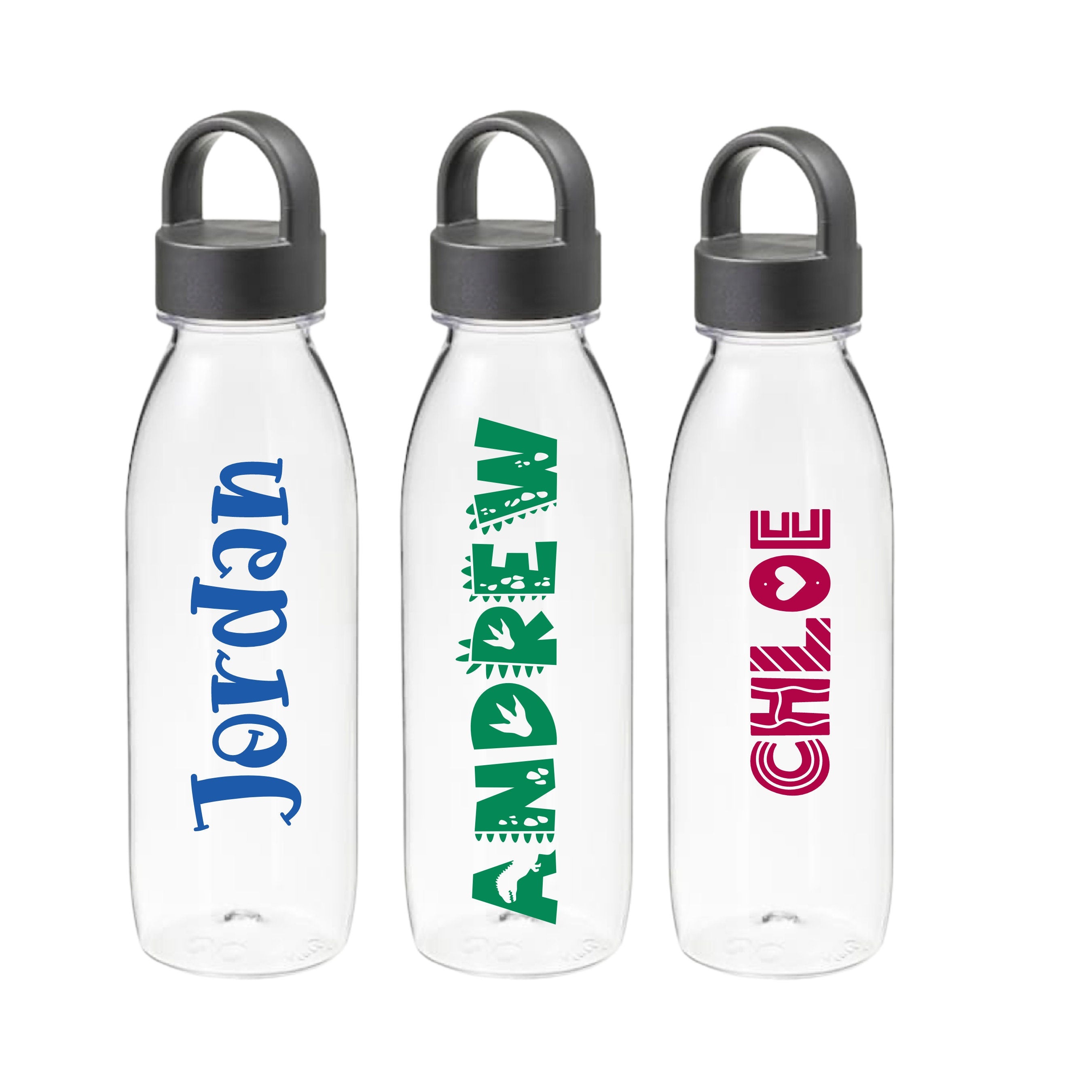 Three personalised kids drink bottles with names Jordan, Andrew, and Chloe, colourful custom water bottles for school or gifts