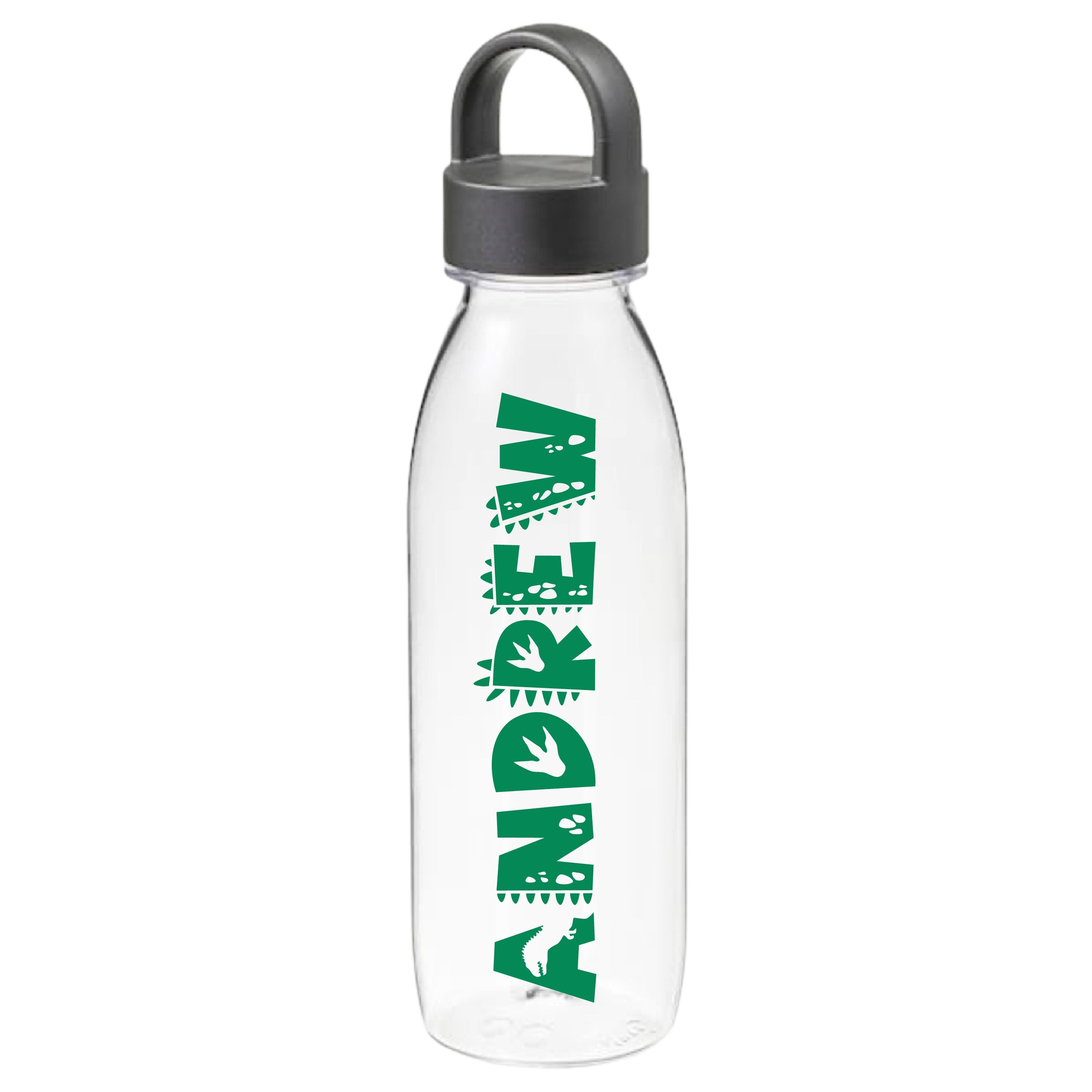 Personalised kids drink bottle with the name Andrew in green dinosaur-themed font, custom water bottle for school or gifts