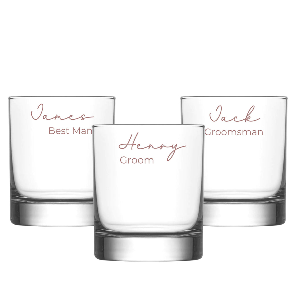 Set of three personalised whisky glasses for groom, best man, and groomsman, custom engraved wedding party gifts, handmade gifts for him