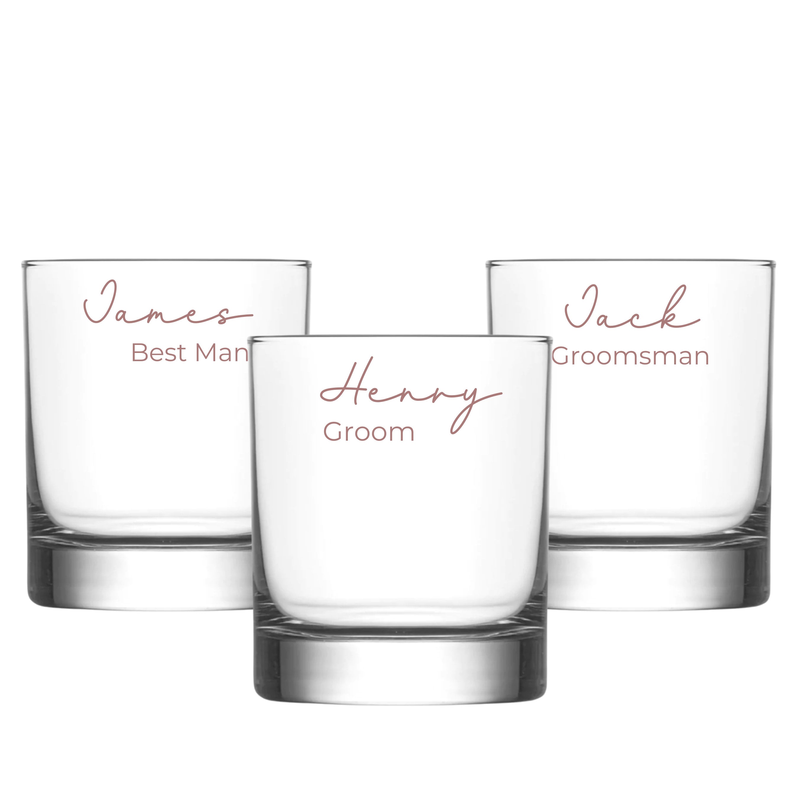 Set of three personalised whisky glasses for groom, best man, and groomsman, custom engraved wedding party gifts, handmade gifts for him