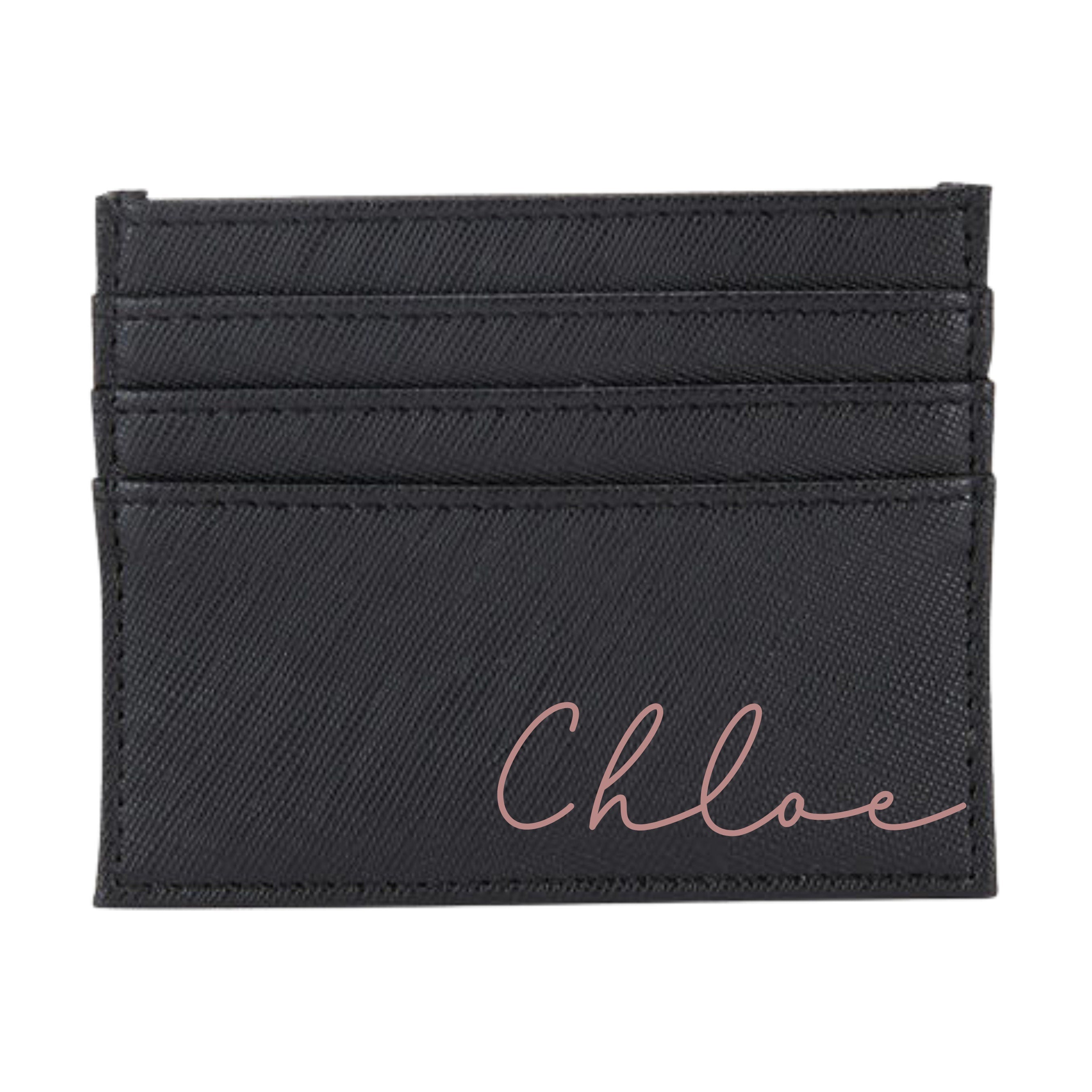 Black card wallet with rose gold script font name 'Chloe'