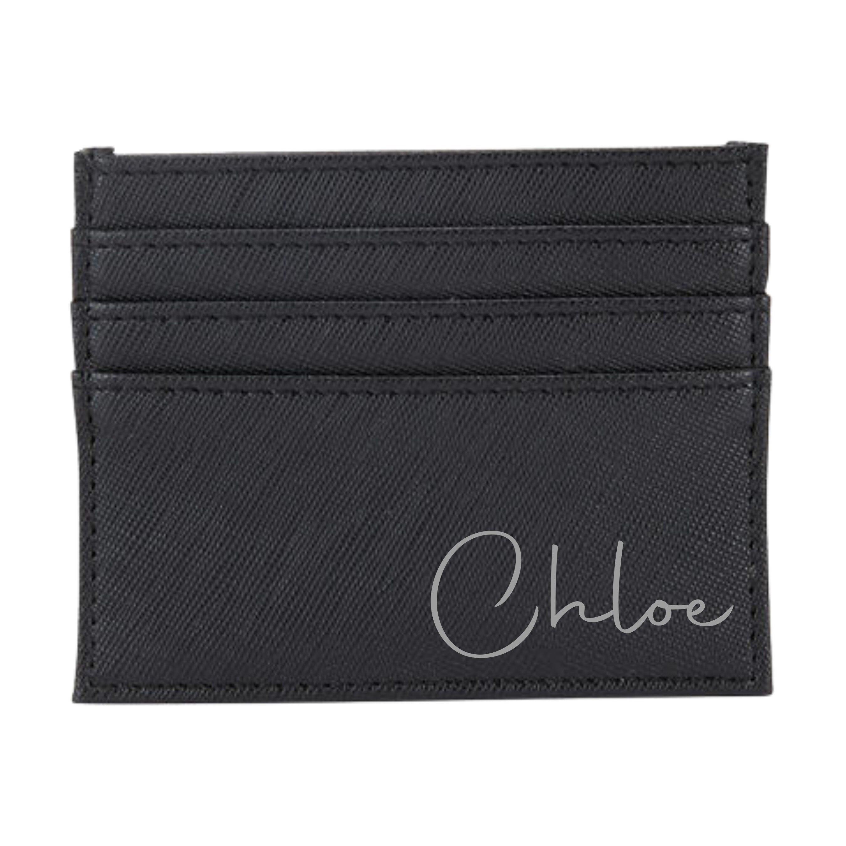 Personalised card wallet with silver script name 'Chloe'