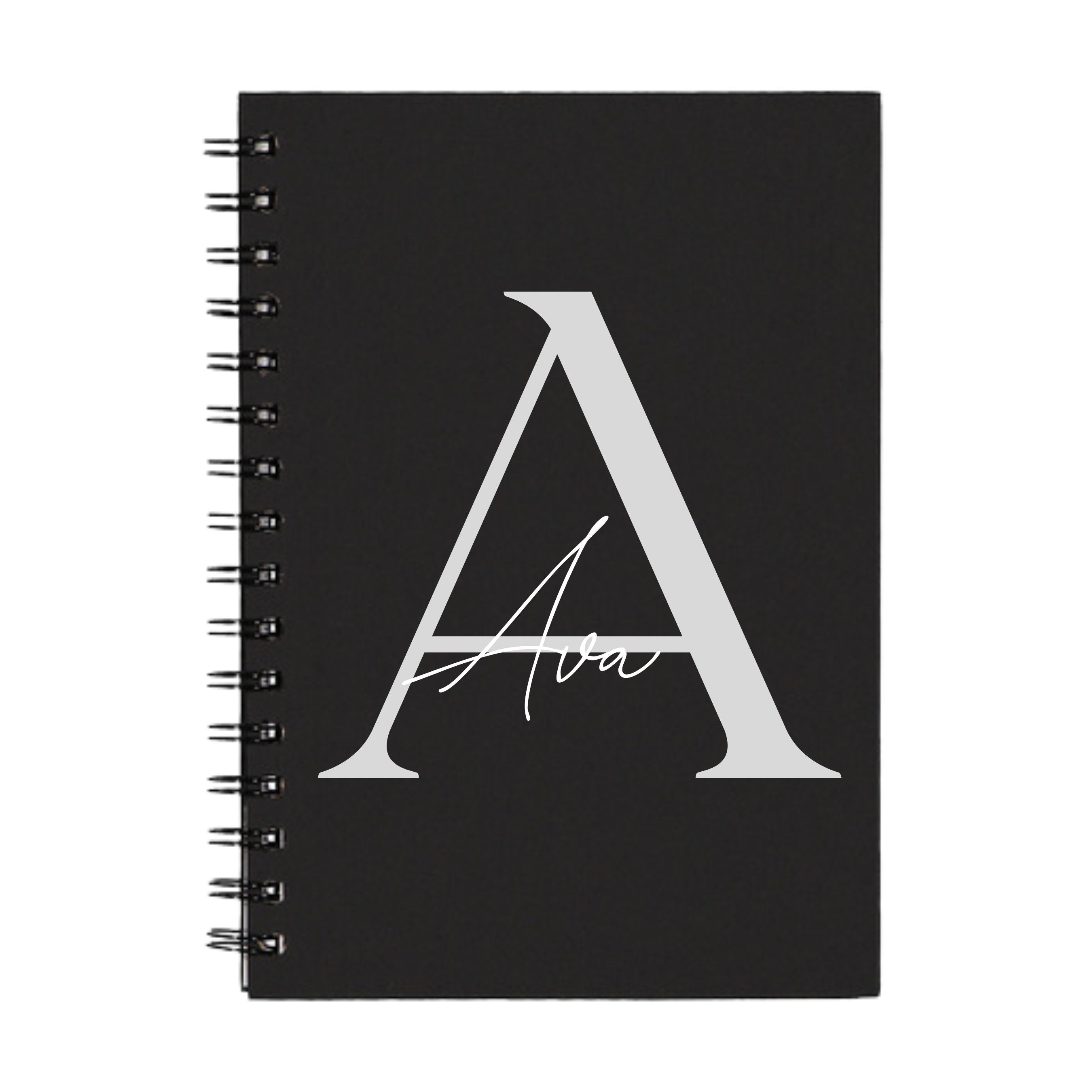 Black A5 spiral notebook with silver A initial and name Ava – personalised notebook gift idea.