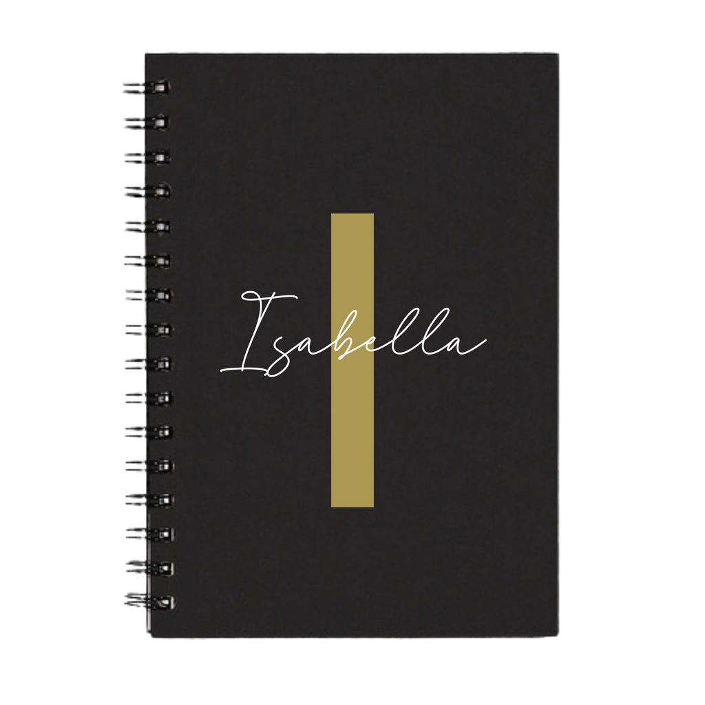 A5 black spiral-bound notebook with gold I initial and name Isabella – custom name journal.