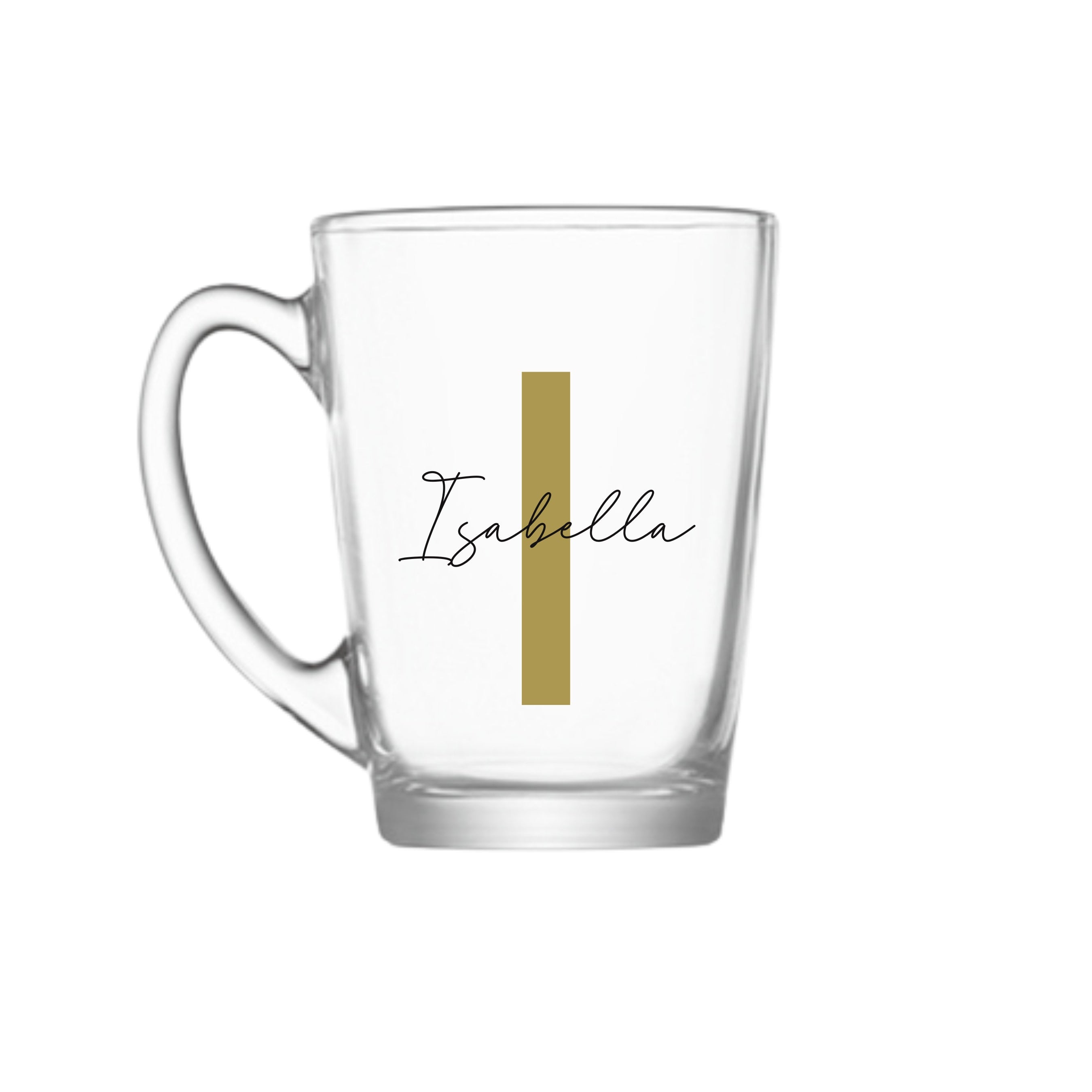 Personalised glass mug with gold letter I and name Isabella, unique handmade birthday gift for her or him, personalised co-worker or office gift Australia