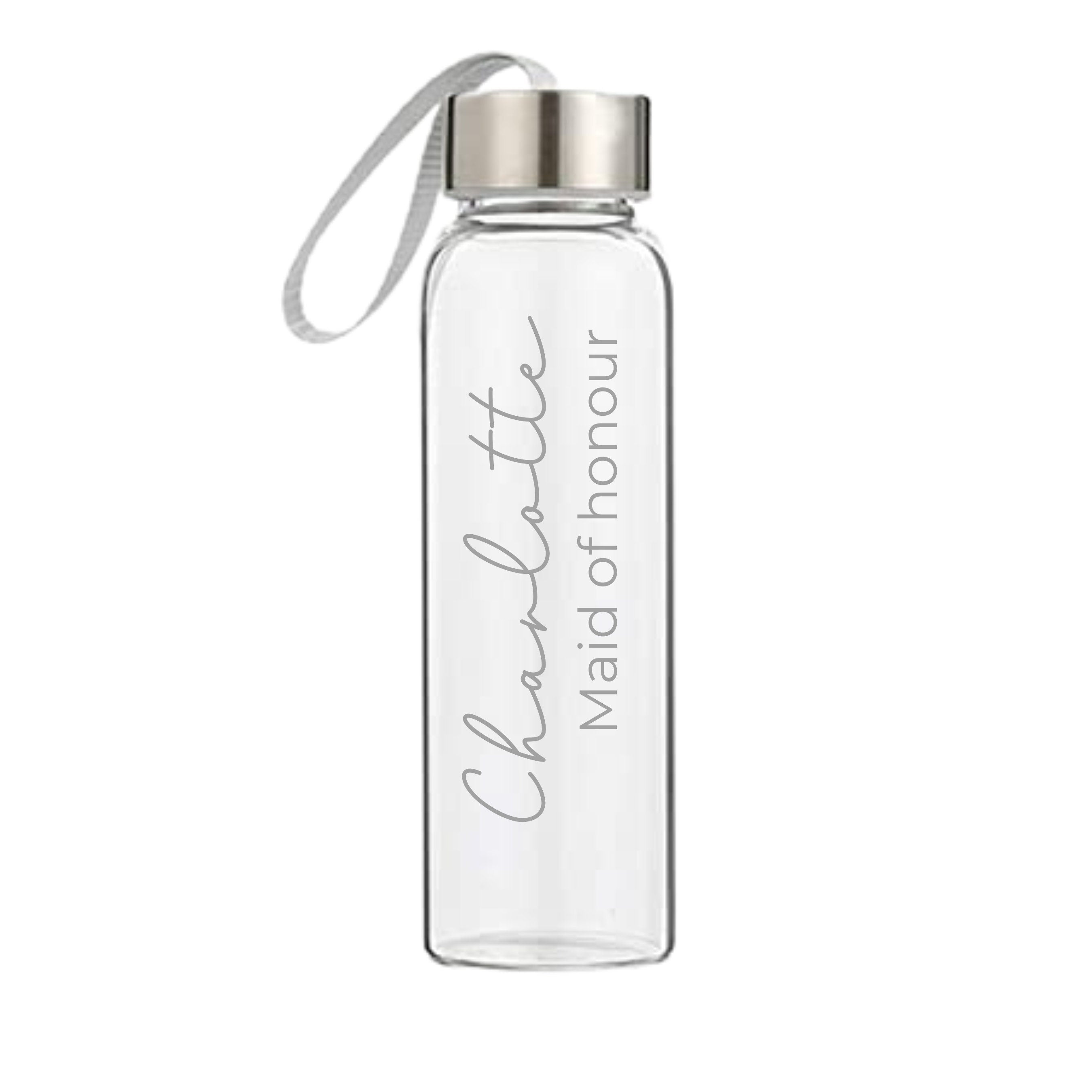 et of personalised bridal party glass drink bottles for bride, maid of honour, and bridesmaid, custom wedding gifts, handmade personalised bottles Australia.