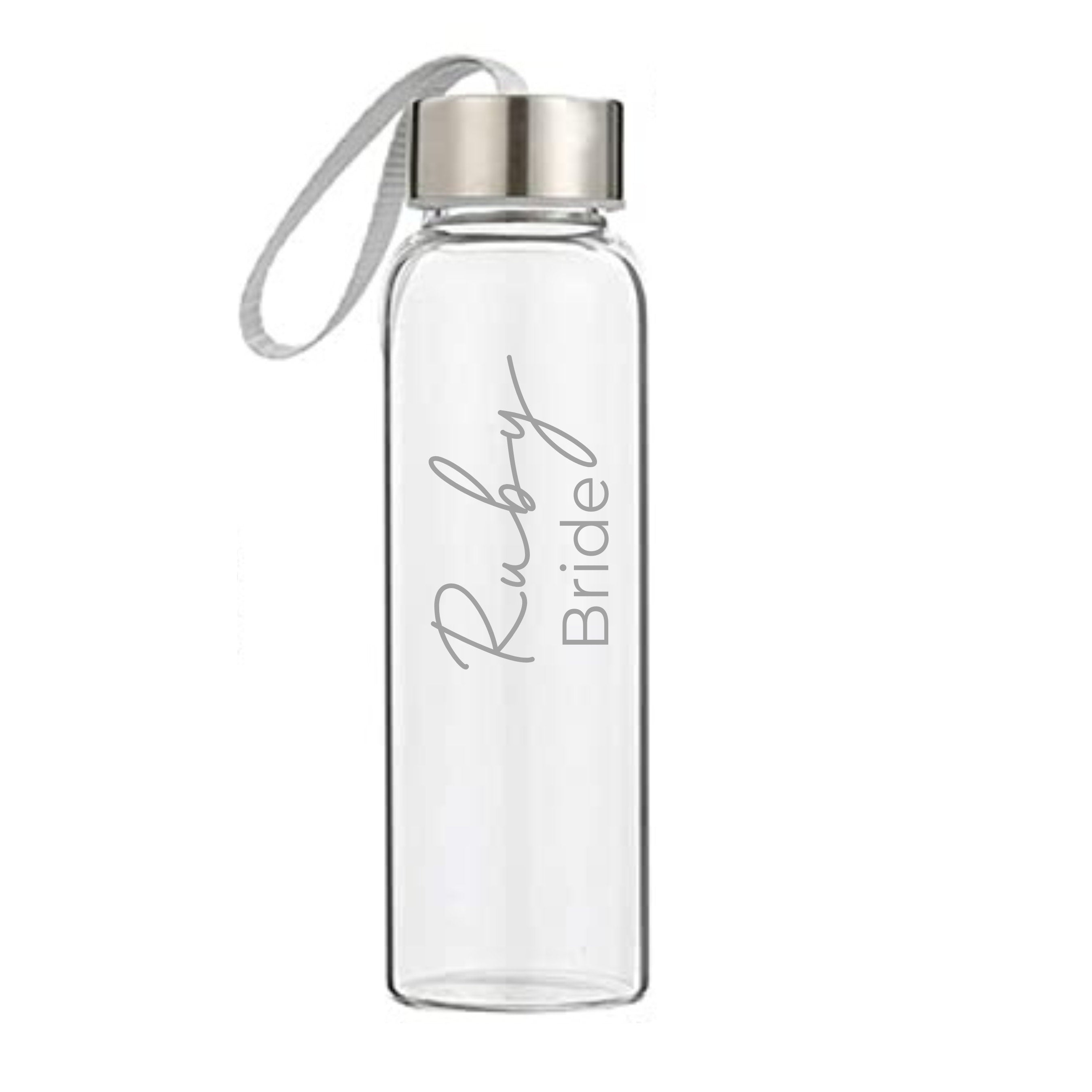Personalised 500ml glass drink bottle with “Ruby Bride” design, custom bridal gift, wedding day keepsake, personalised water bottle Australia.