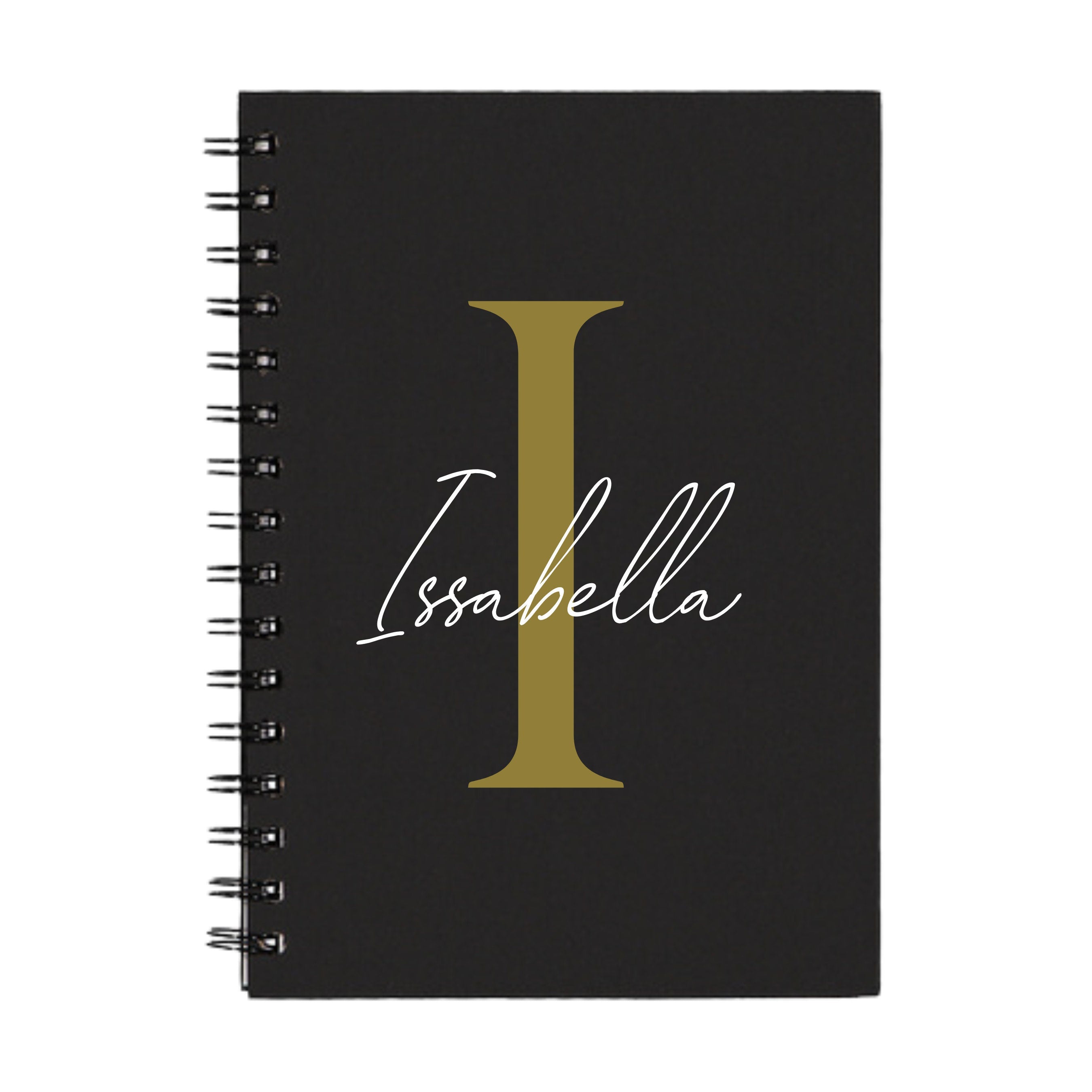 A5 black spiral-bound notebook with gold I initial and name Isabella – custom name journal.