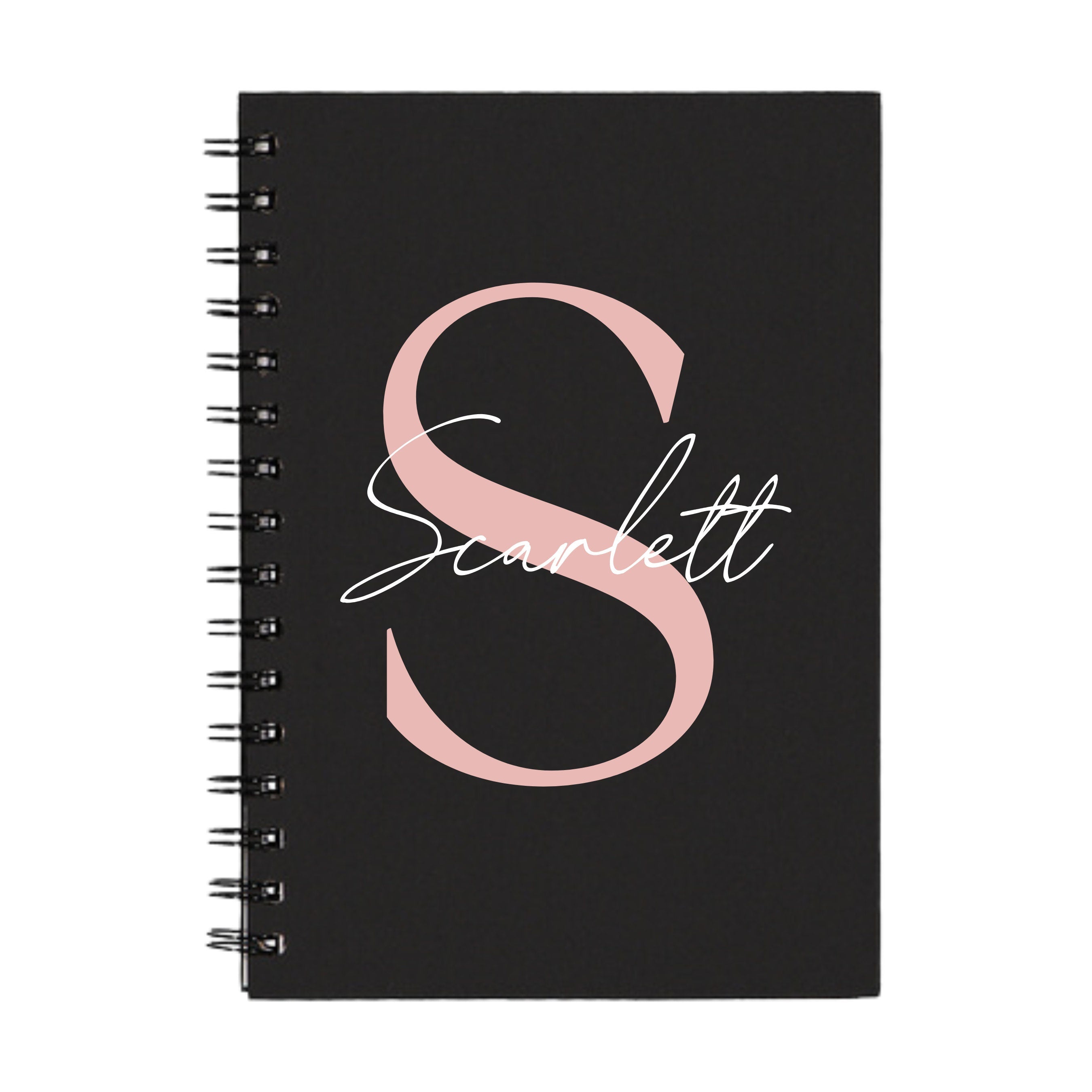 Black A5 personalised spiral notebook with rose gold S initial and name Scarlett – custom gift for her.
