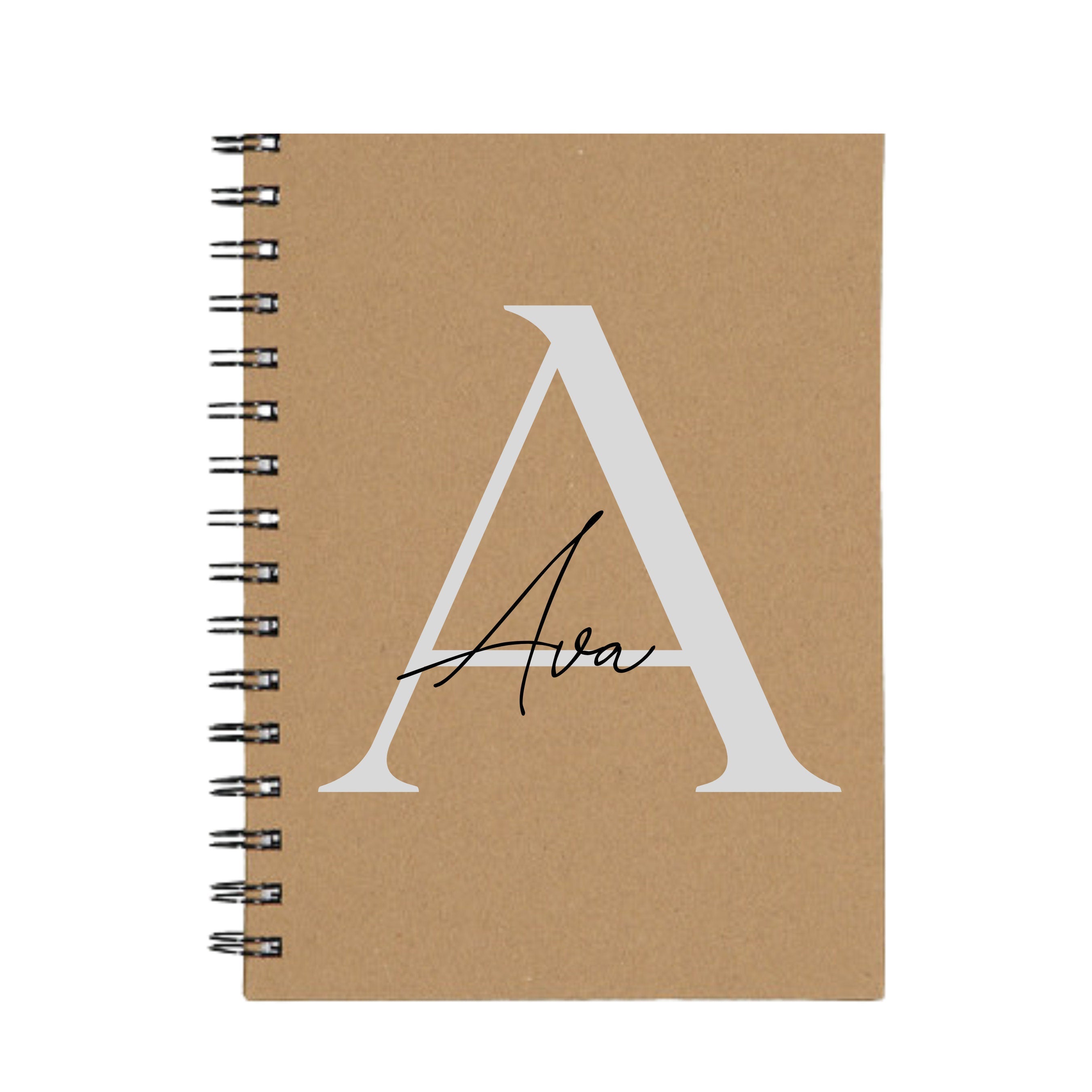 Custom brown kraft A5 spiral notebook with silver A initial and name Ava – personalised journal gift.