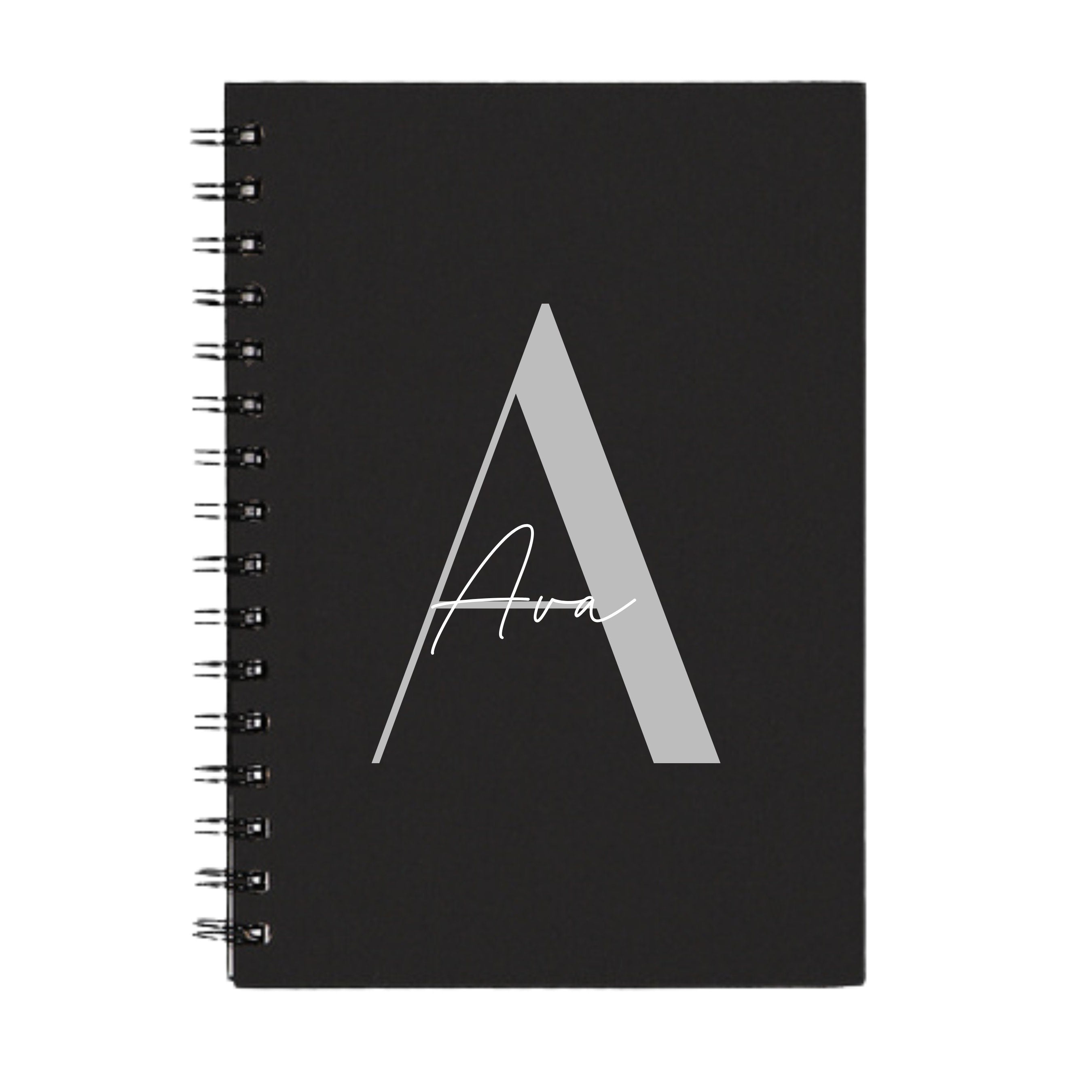 Black A5 spiral notebook with silver A initial and name Ava – personalised notebook gift idea.