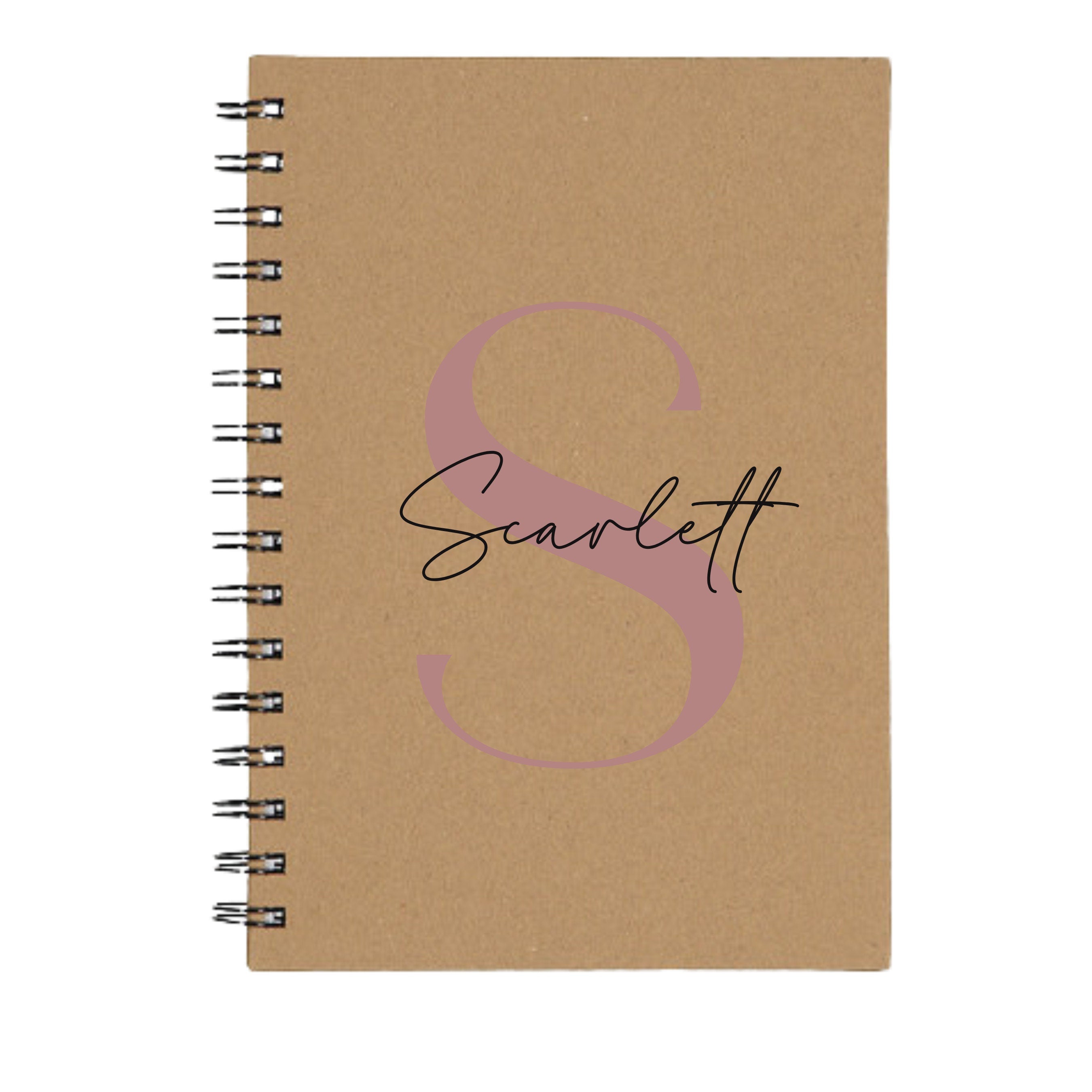 A5 personalised brown spiral notebook with large S initial and name Scarlett – kraft cover journal.