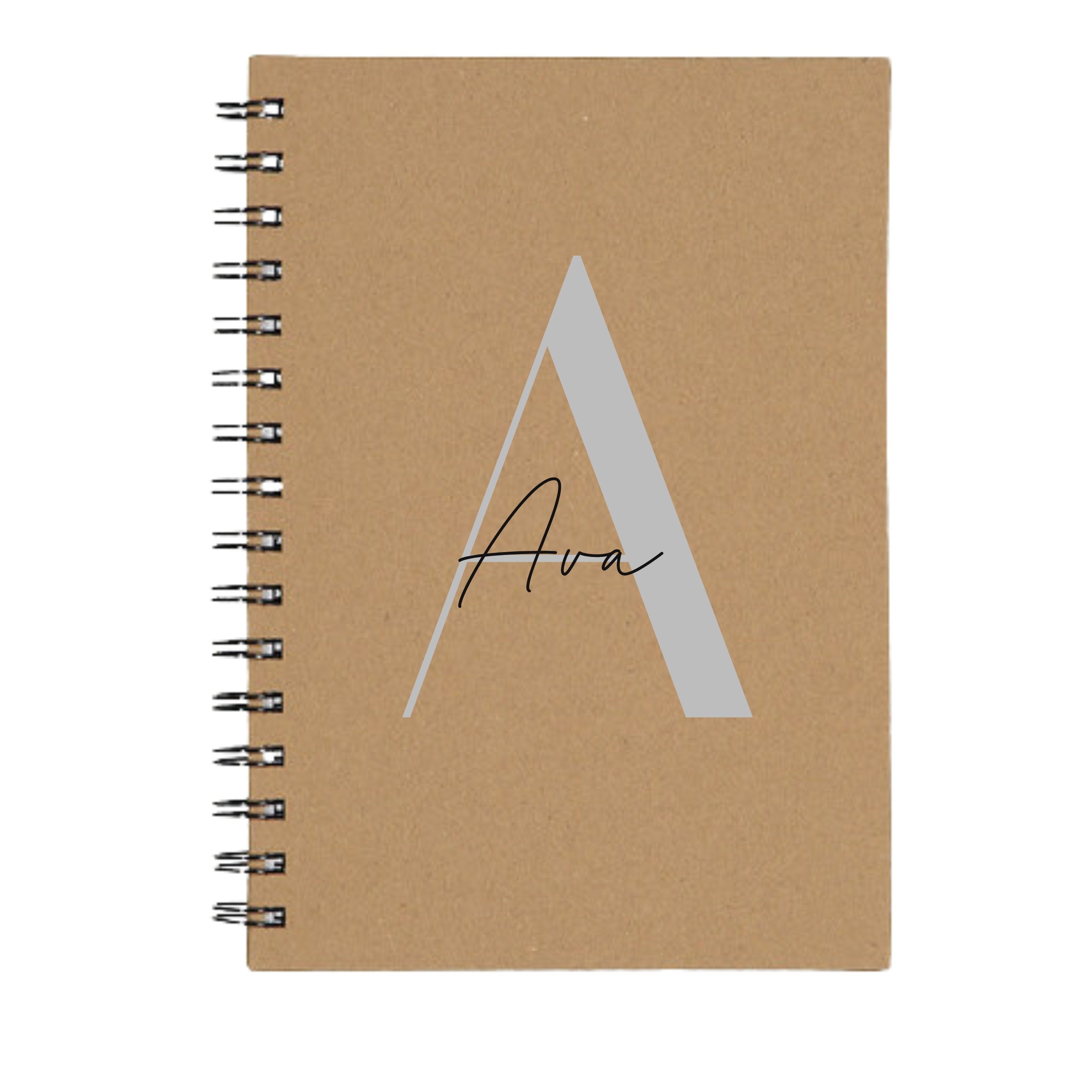 Custom brown kraft A5 spiral notebook with silver A initial and name Ava – personalised journal gift.