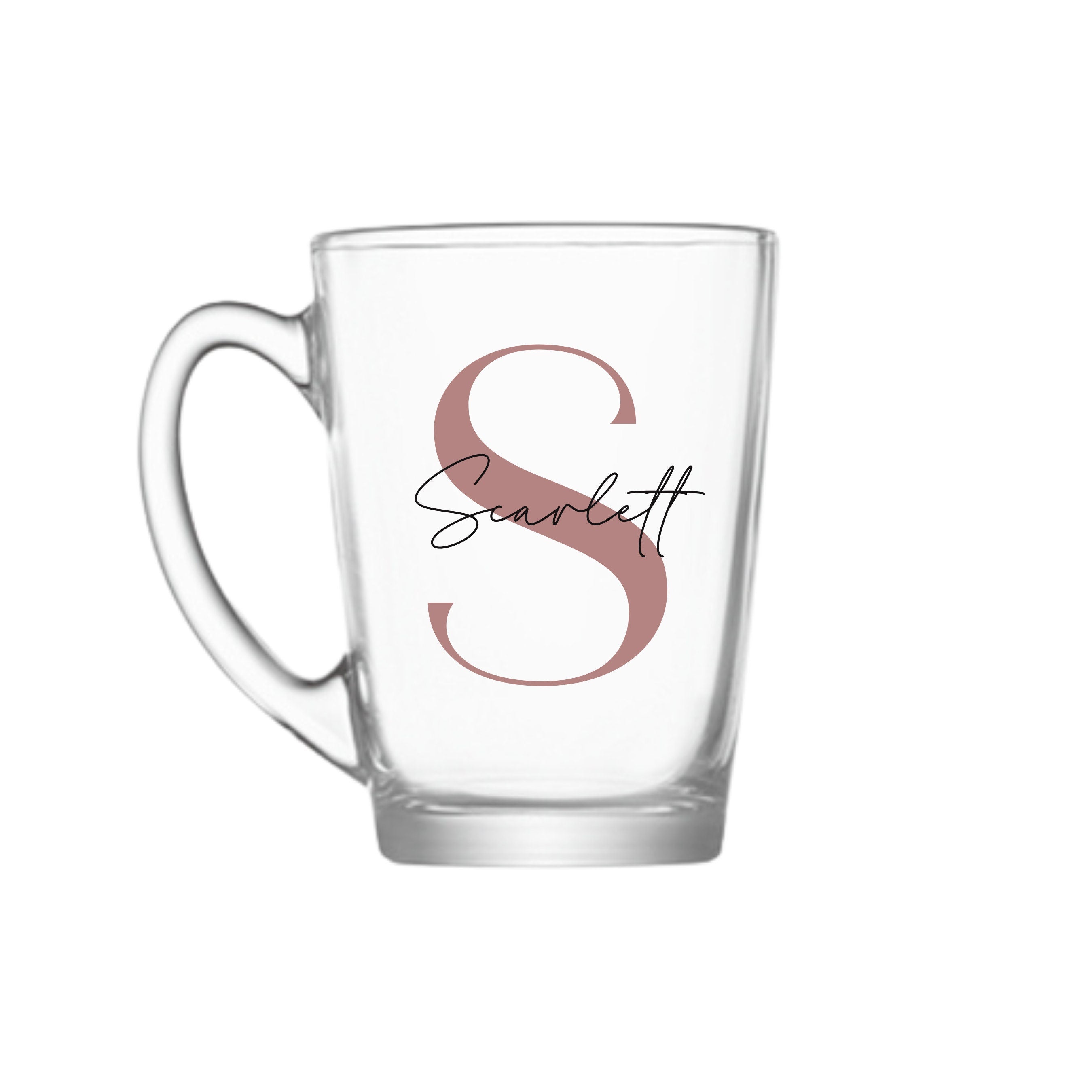 Personalised glass mug with rose gold letter S and name Scarlett, handmade birthday gift for her or him, custom co-worker or office gift Australia