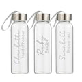 et of personalised bridal party glass drink bottles for bride, maid of honour, and bridesmaid, custom wedding gifts, handmade personalised bottles Australia.

