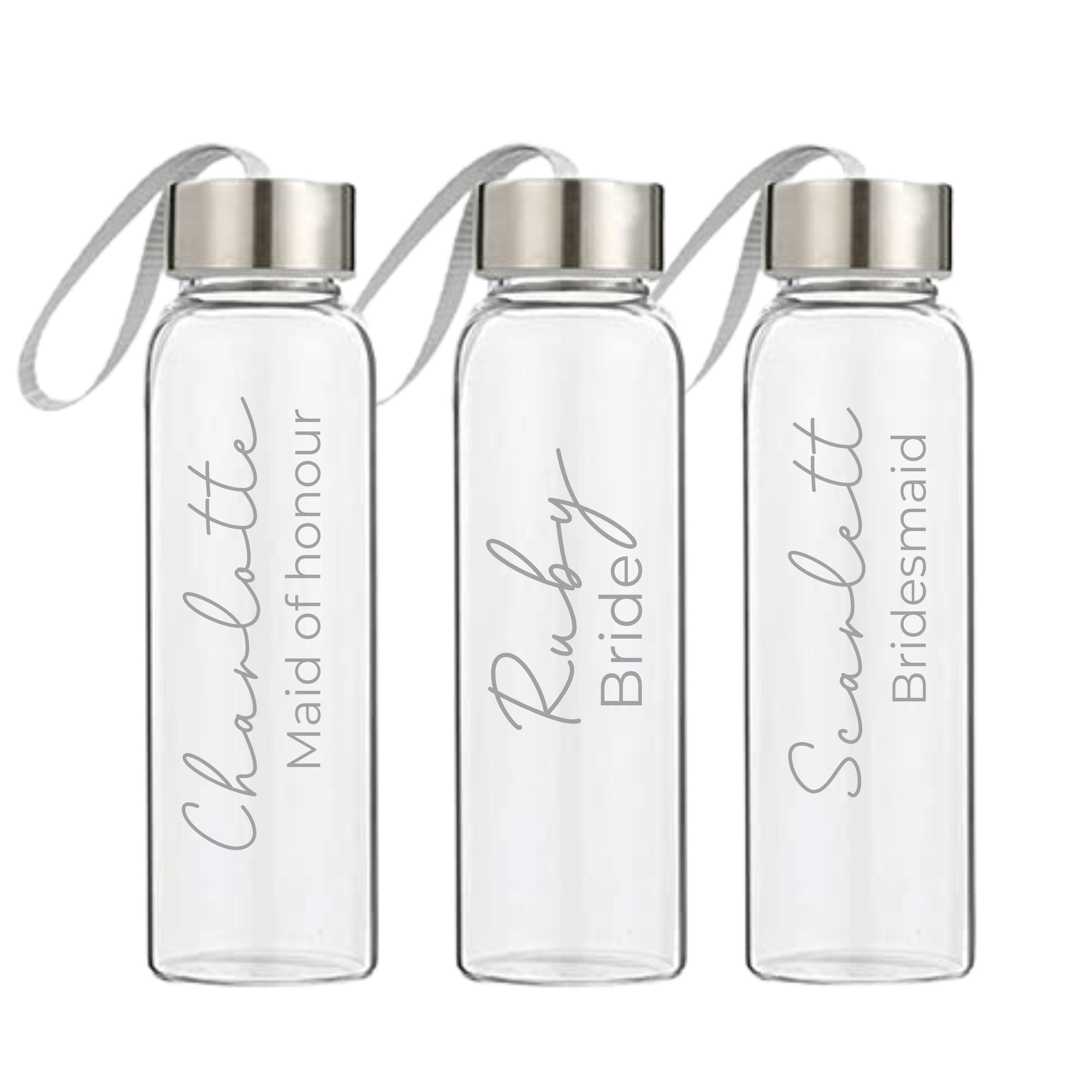 et of personalised bridal party glass drink bottles for bride, maid of honour, and bridesmaid, custom wedding gifts, handmade personalised bottles Australia.
