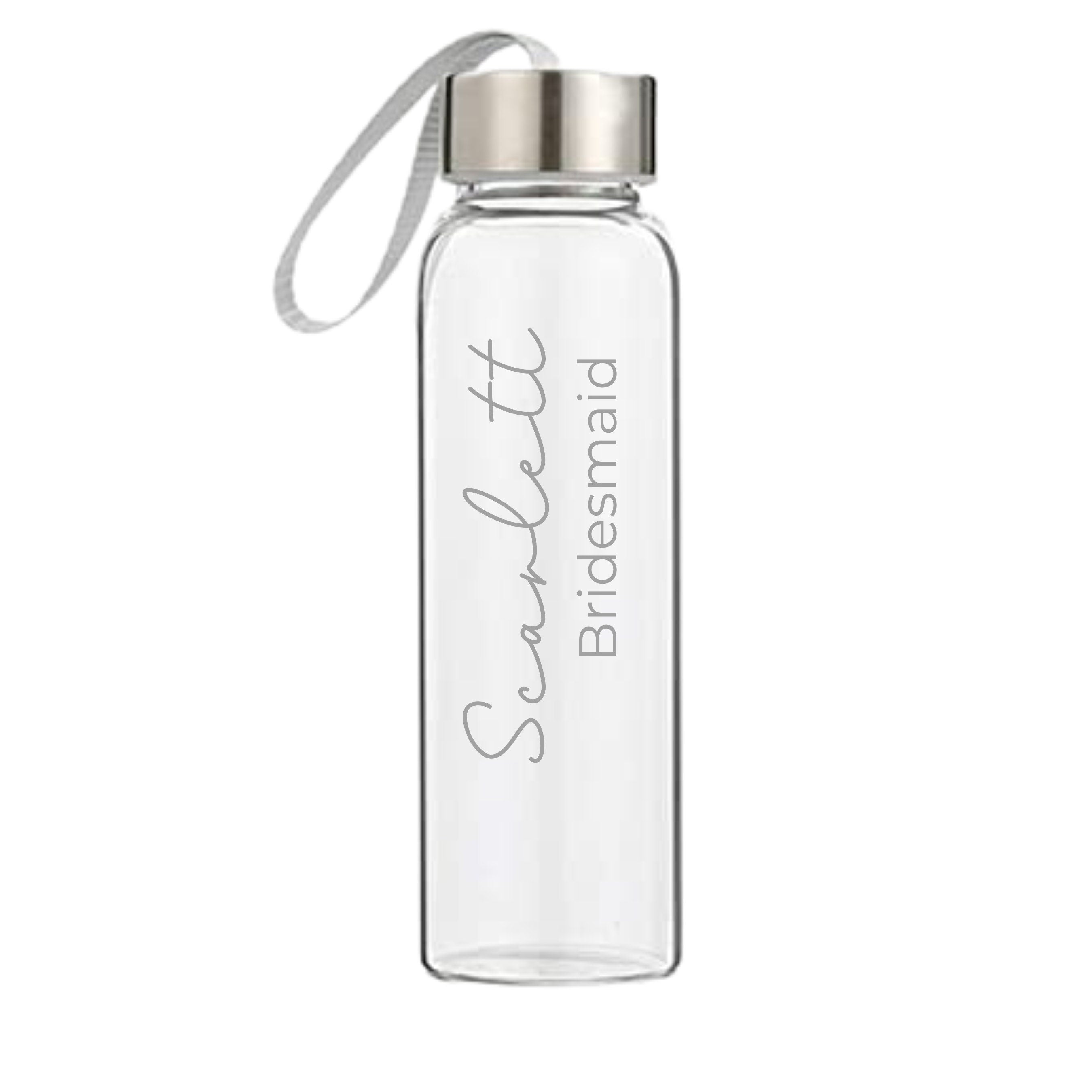 Personalised glass water bottle with “Scarlett Bridesmaid” text, custom bridesmaid gift, elegant bridal party accessory, personalised gift Australia.