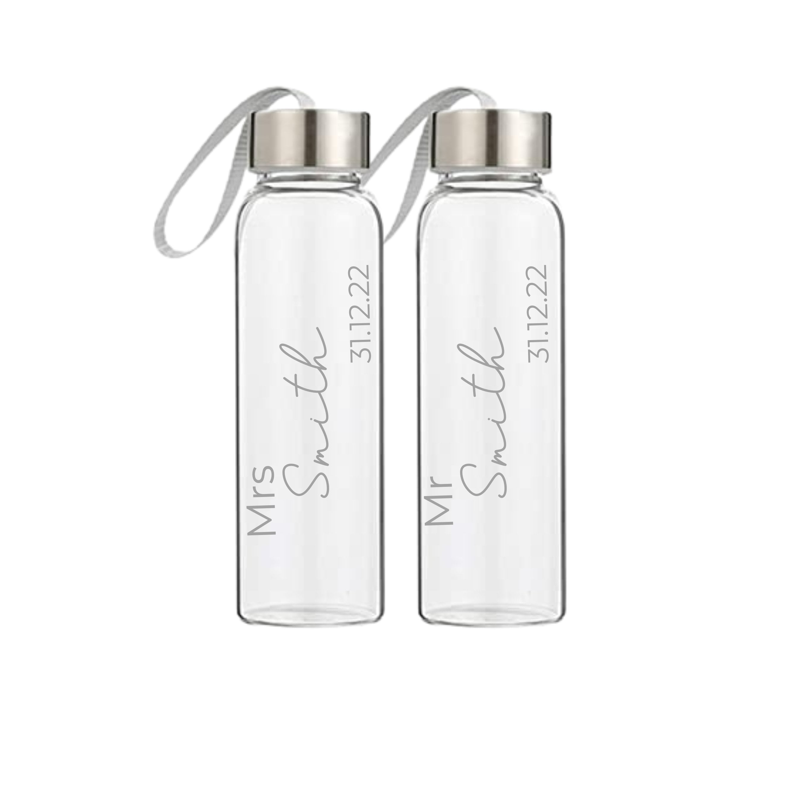 Set of personalised Mr and Mrs Smith 500ml glass drink bottles with engraved wedding date, perfect custom wedding gift Australia
