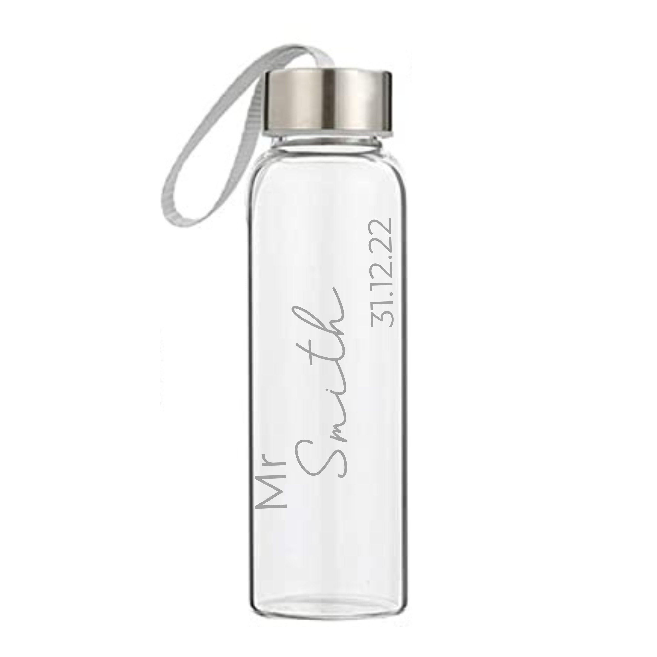 Personalised Mr Smith 500ml glass drink bottle with wedding date, custom engraved for wedding gift or anniversary