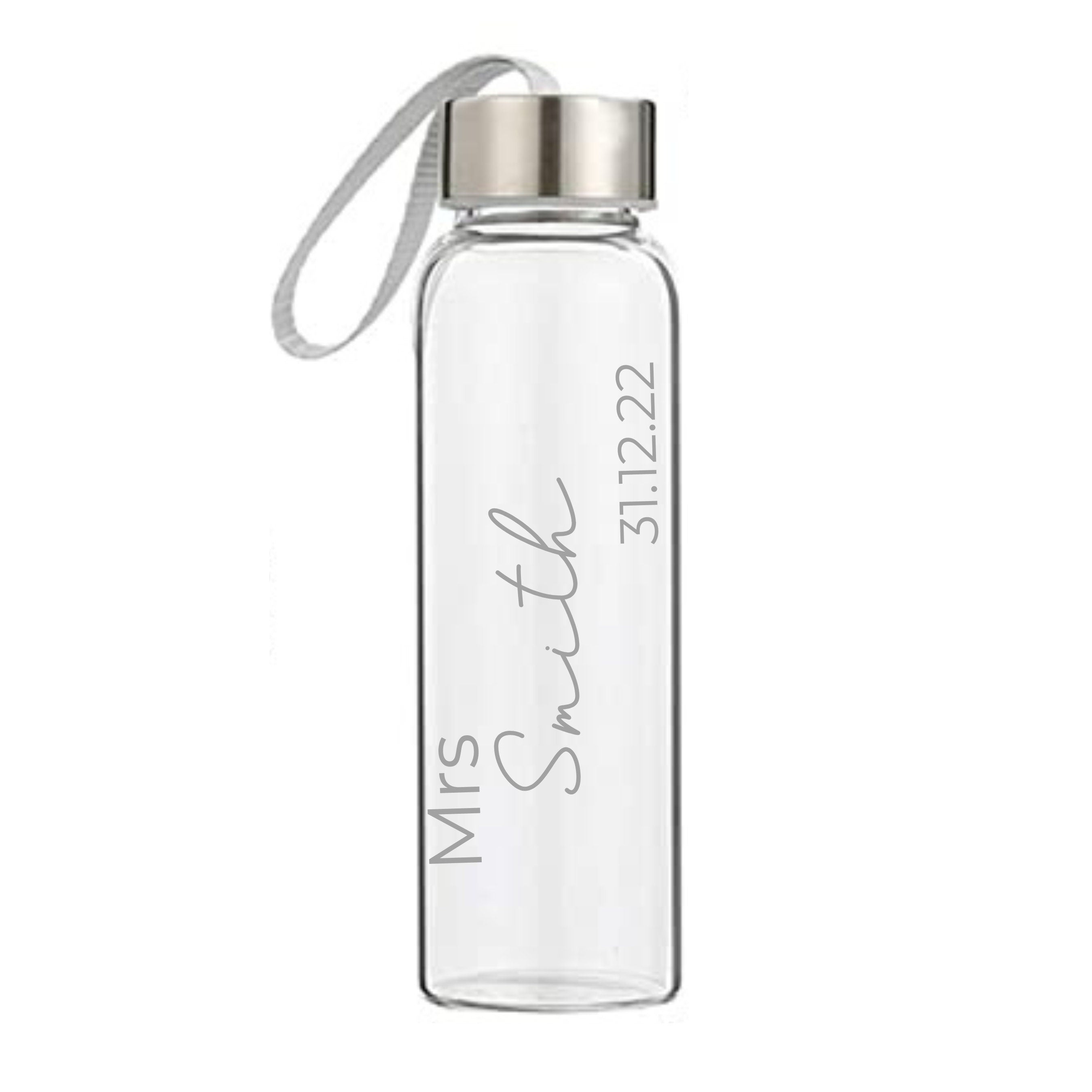 Personalised Mrs Smith 500ml glass drink bottle with wedding date, custom engraved for bride wedding gift or anniversary