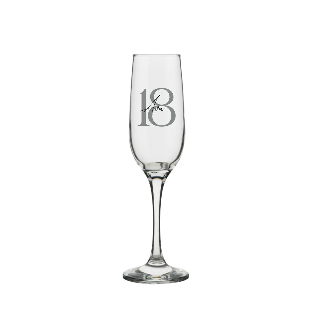 Personalised champagne glass with silver number 18 and name Ava, custom 18th birthday gift for her or him, handmade personalised gift Australia