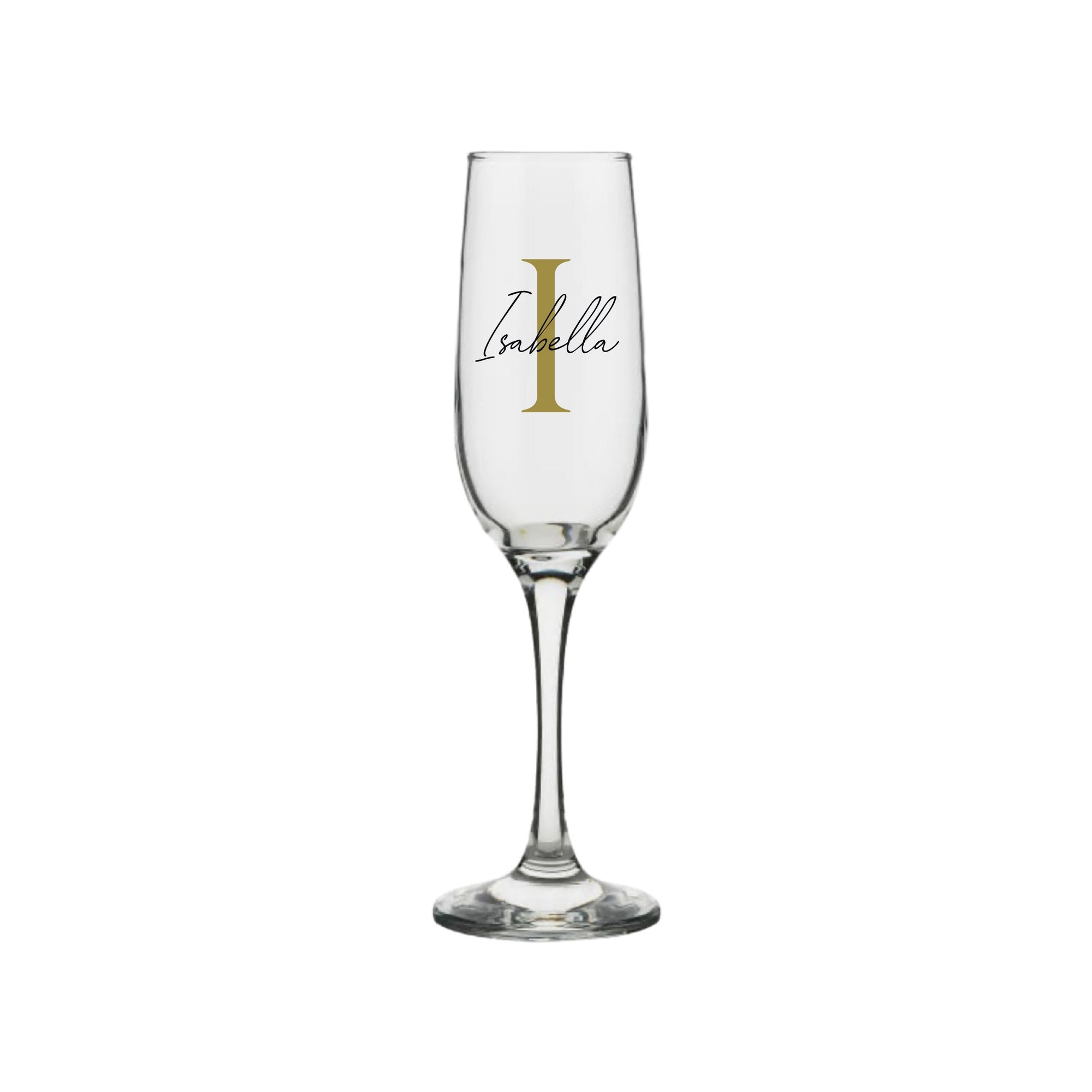 Personalised champagne glass with gold letter I and name Isabella, custom handmade milestone birthday gift for her or him, personalised gift Australia
