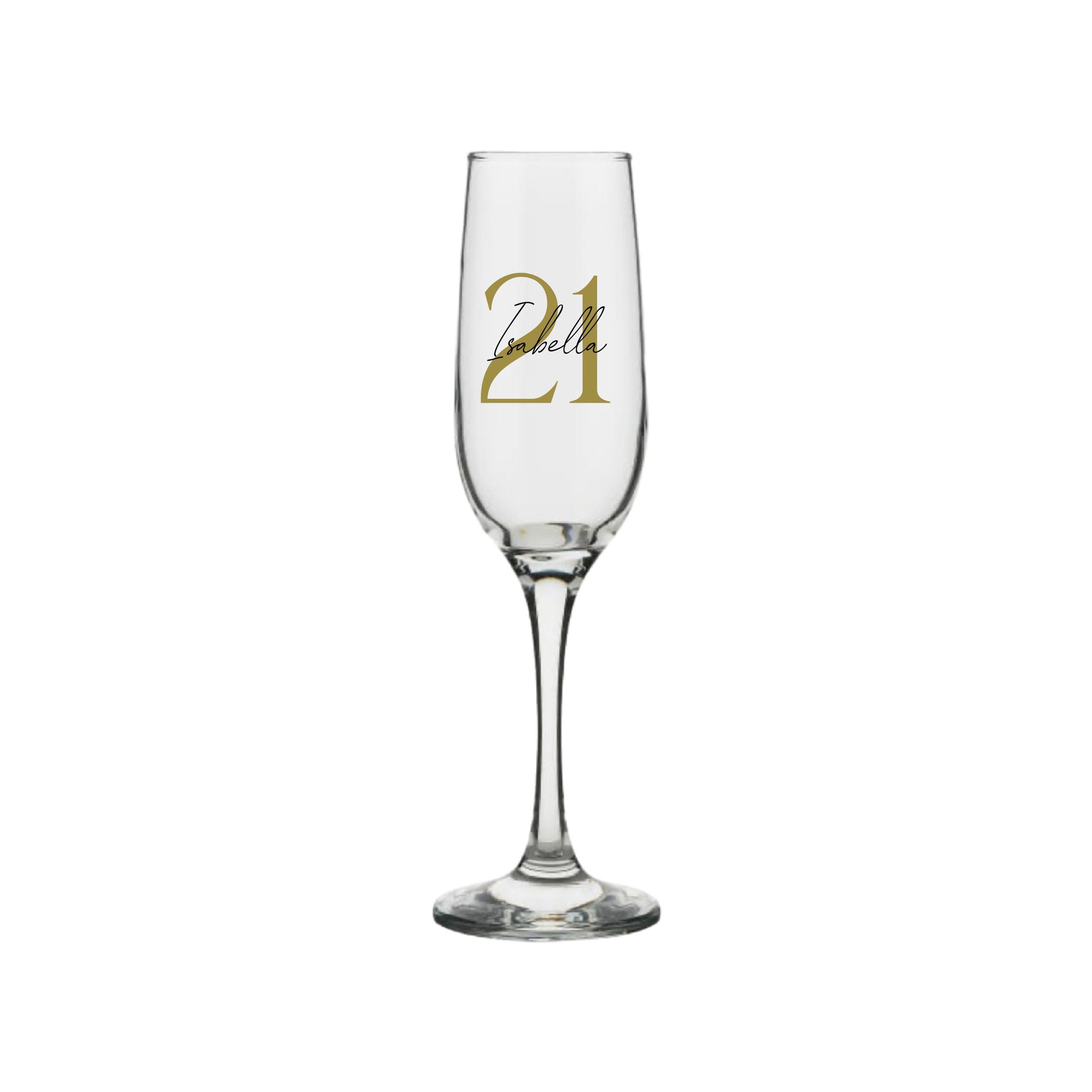 Personalised champagne glass with gold number 21 and name Isabella, custom 21st birthday gift for her or him, handmade personalised gift Australia