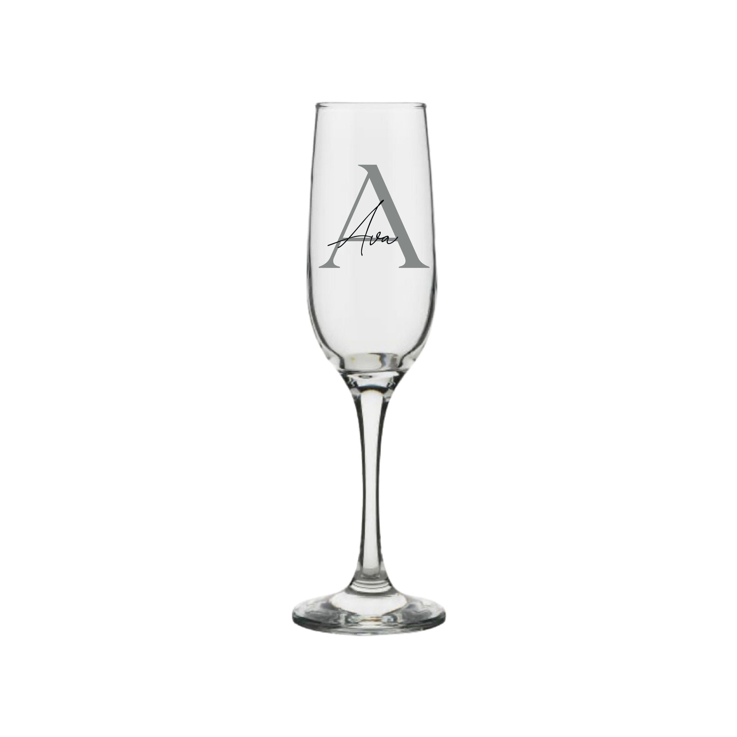 Personalised champagne glass with silver letter A and name Ava, handmade custom birthday gift for her or him, unique personalised gift Australia