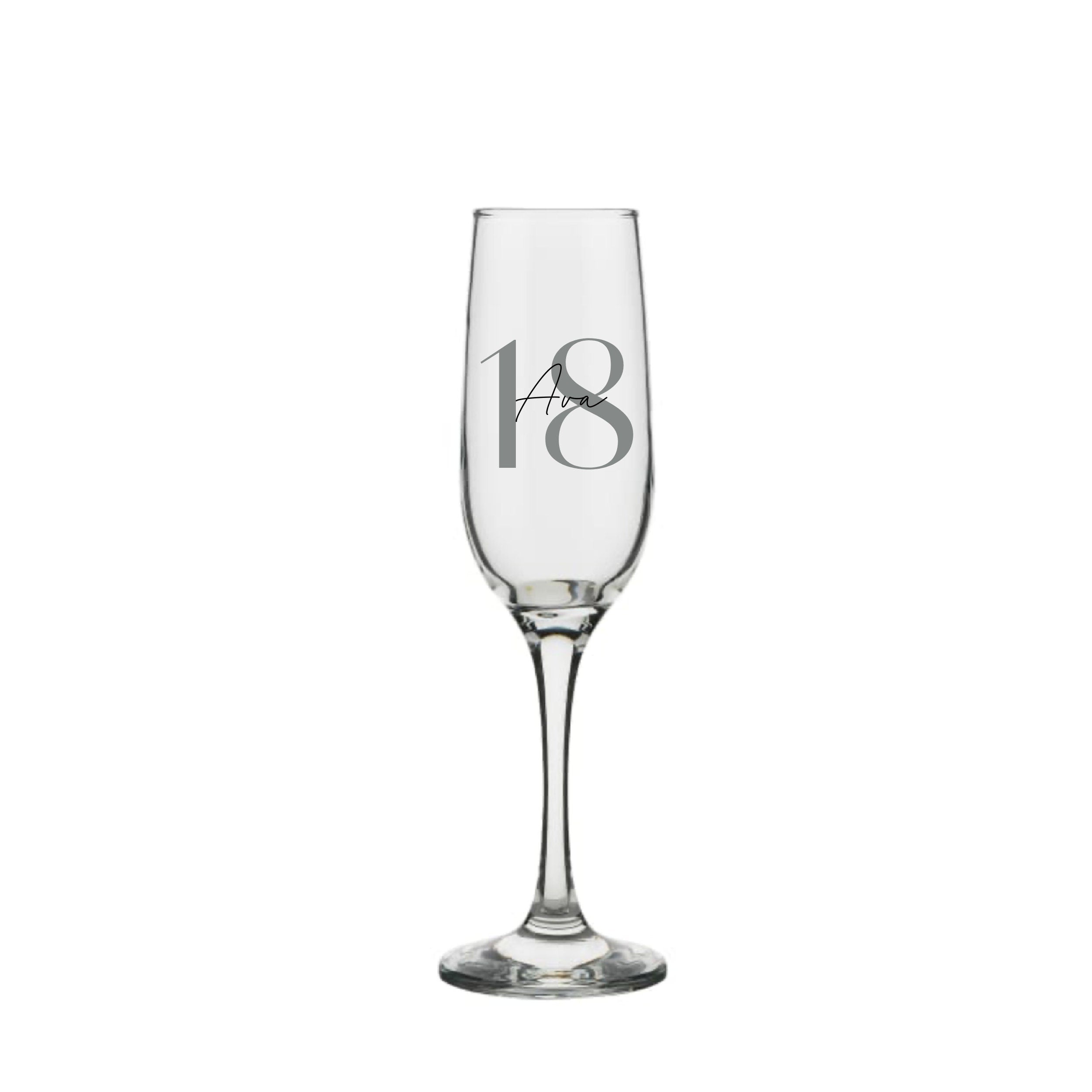 Personalised champagne glass with silver number 18 and name Ava, custom 18th birthday gift for her or him, handmade personalised gift Australia