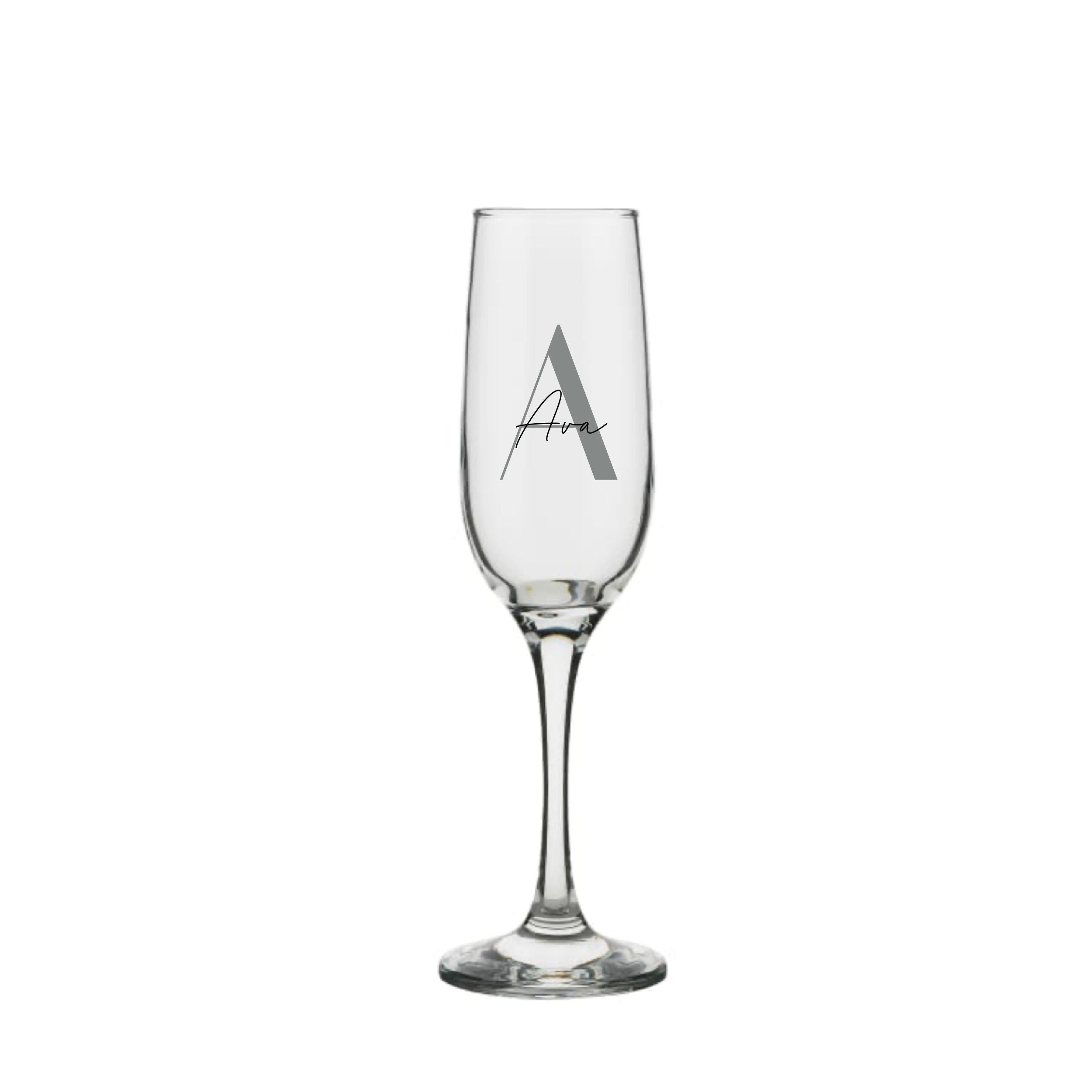 Personalised champagne glass with silver letter A and name Ava, handmade custom birthday gift for her or him, unique personalised gift Australia