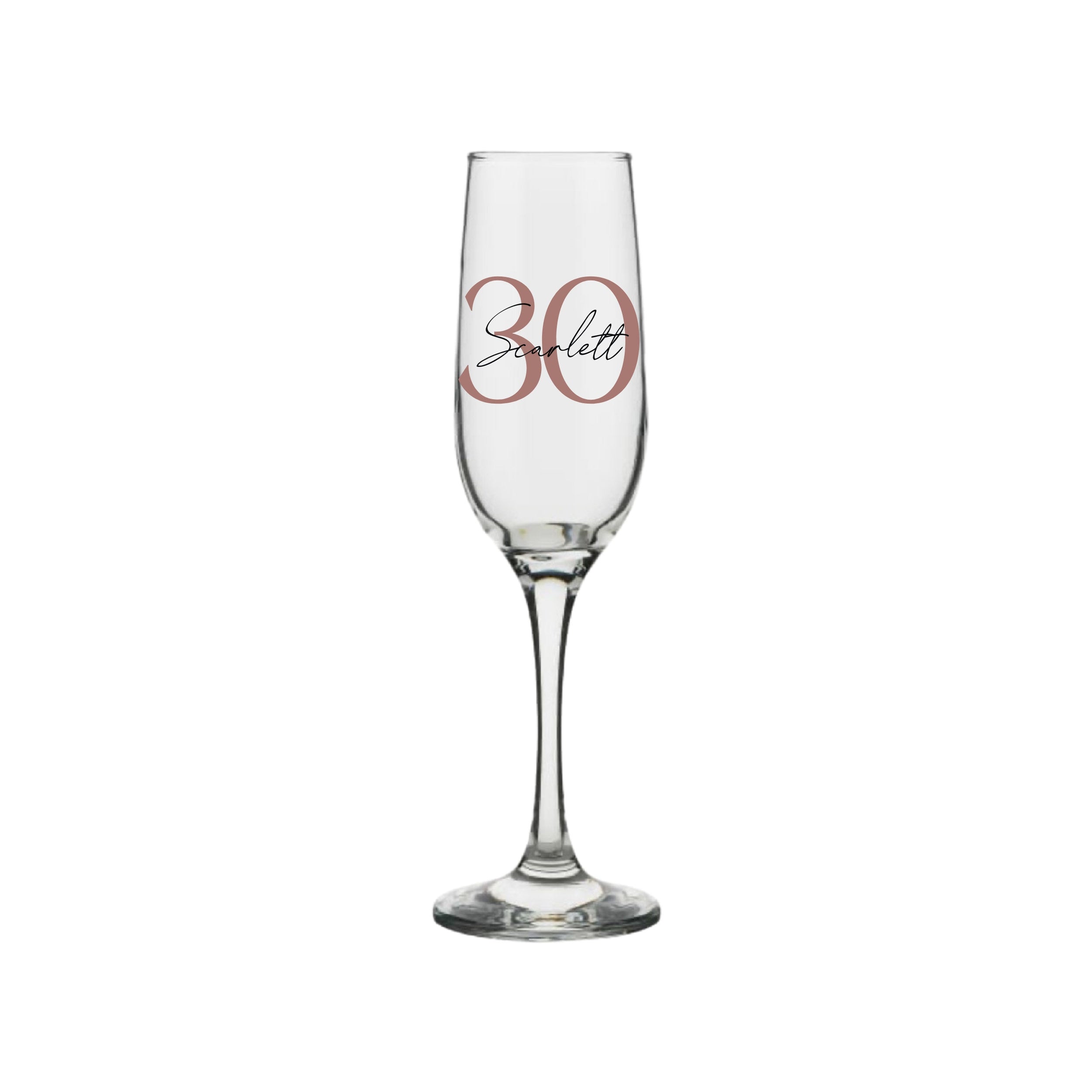 Personalised champagne glass with rose gold number 30 and name Scarlett, custom 30th birthday gift for her or him, handmade personalised gift Australia