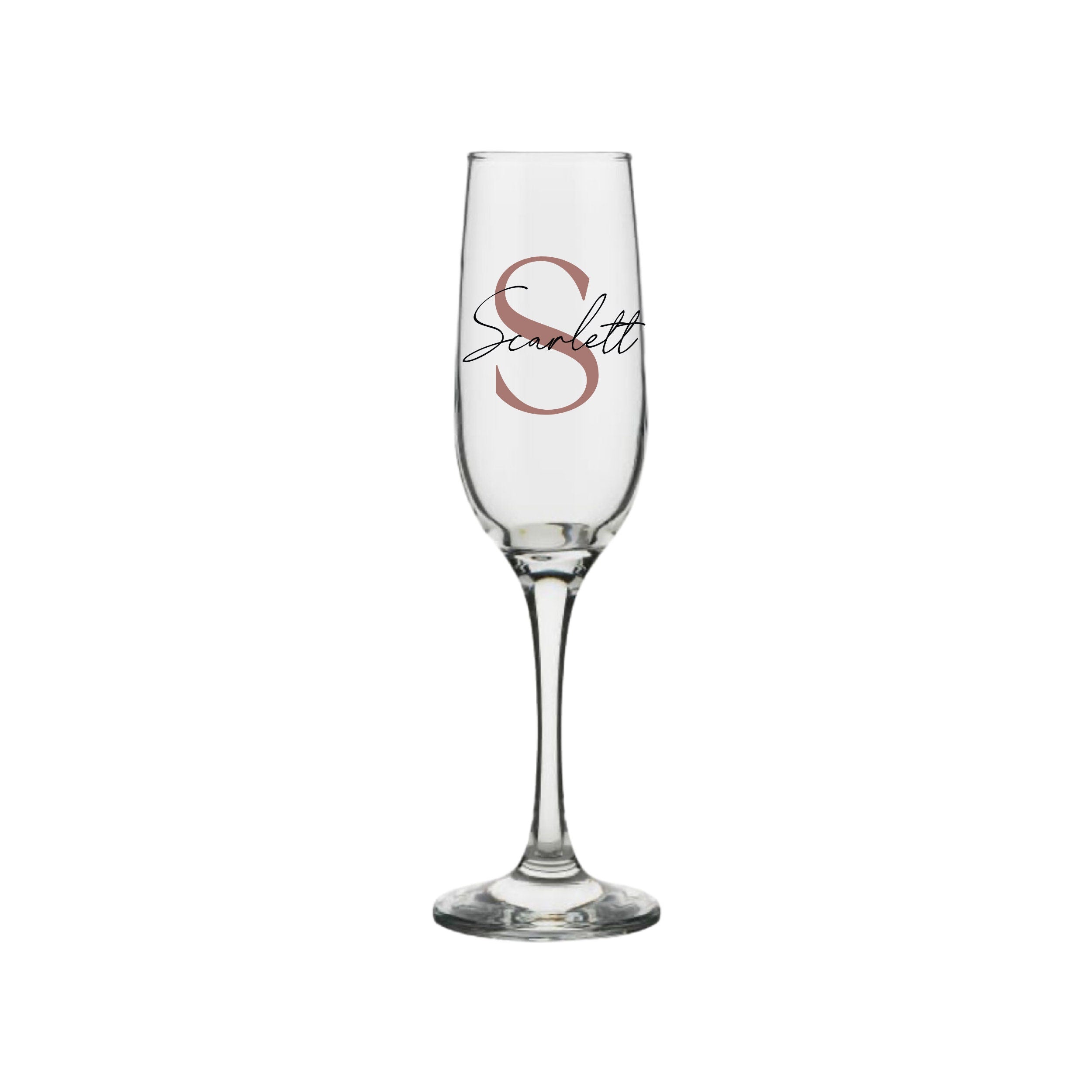 Personalised champagne glass with rose gold letter S and name Scarlett, handmade birthday gift for her or him, custom milestone gift Australia