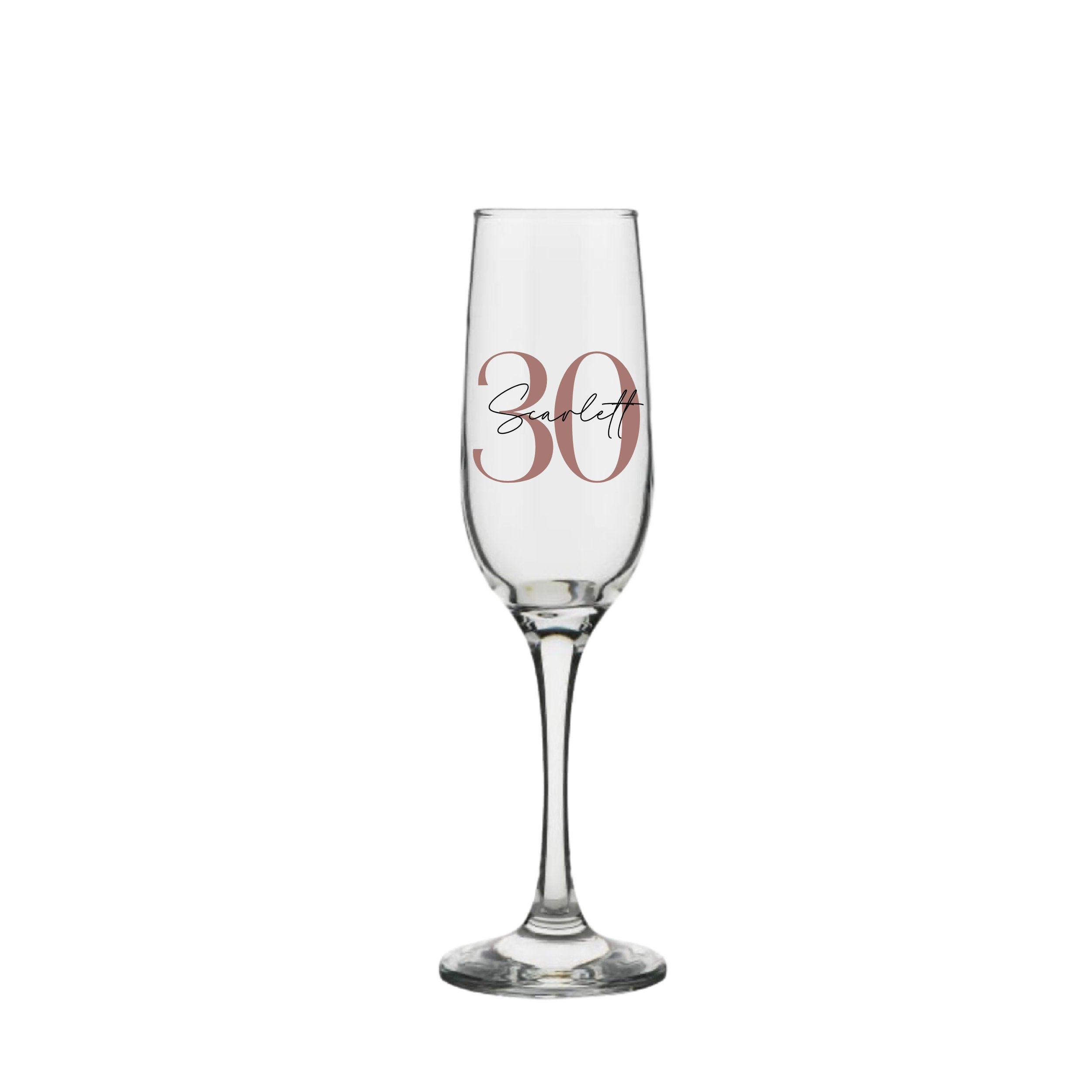 Personalised champagne glass with rose gold number 30 and name Scarlett, custom 30th birthday gift for her or him, handmade personalised gift Australia