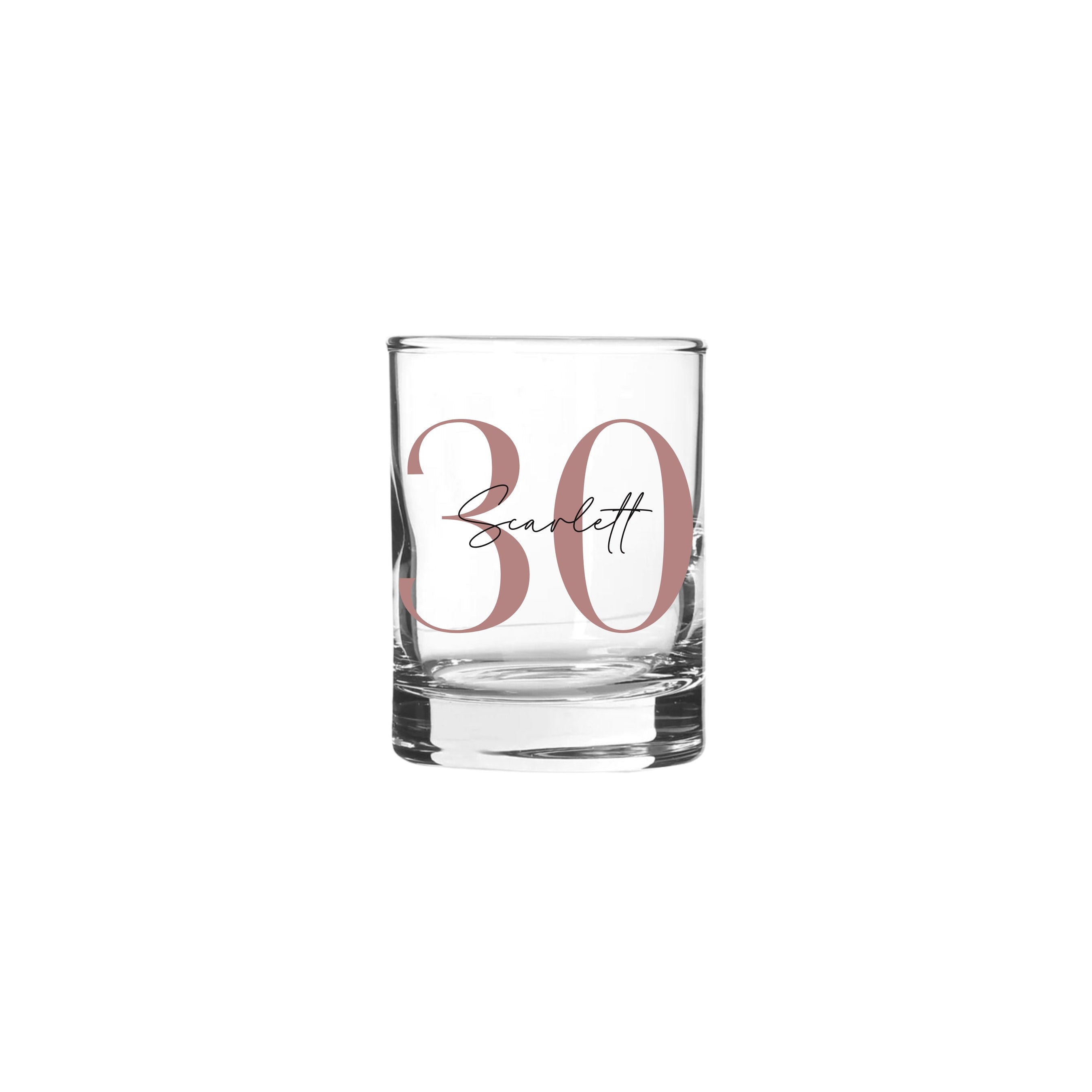Personalised 25ml shot glass with rose gold number 30 and name Scarlett, custom 30th birthday gift for her or him, unique milestone personalised gift Australia