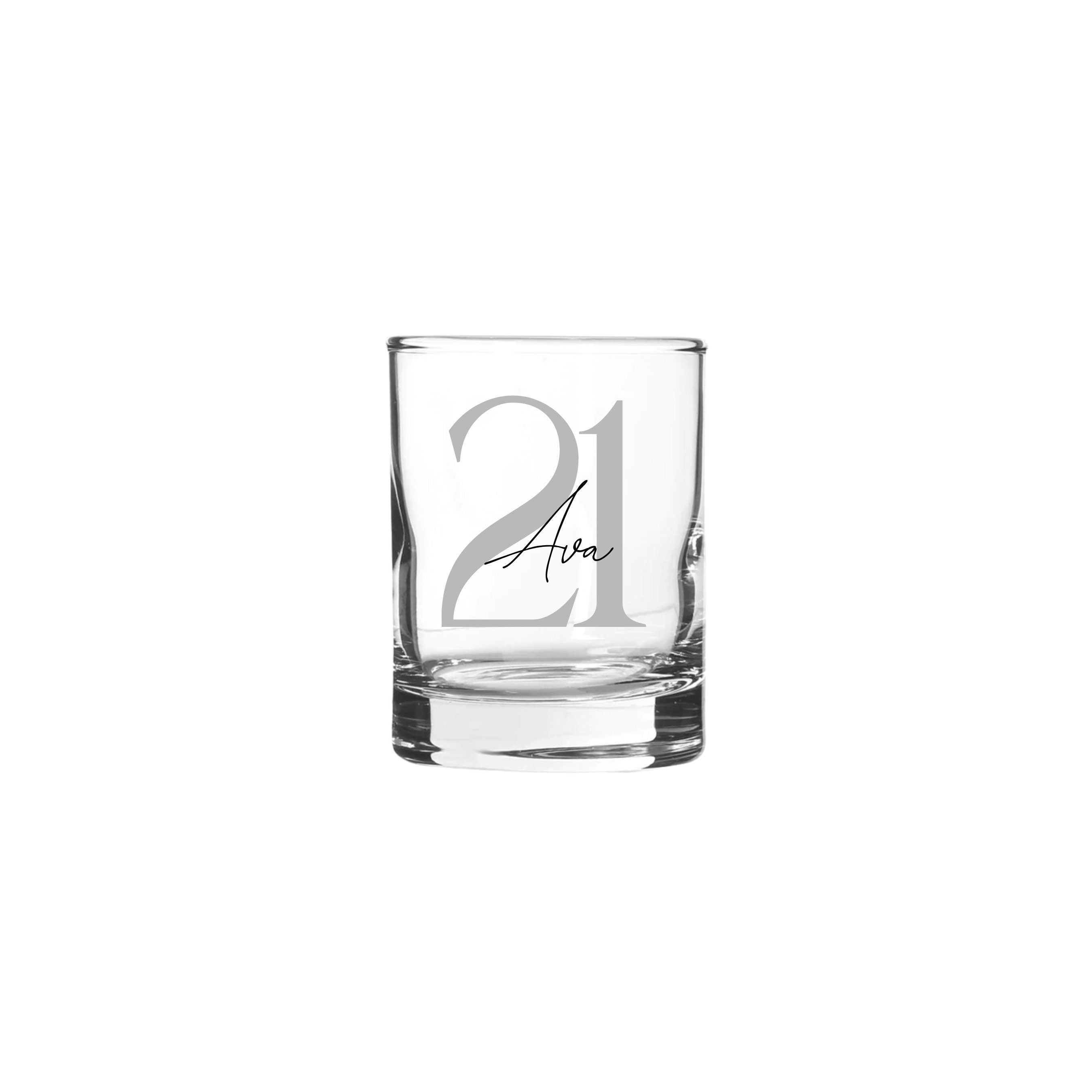 Personalised 65ml shot glass with silver number 21 and name Ava, custom 21st birthday gift for her or him, handmade personalised gift Australia