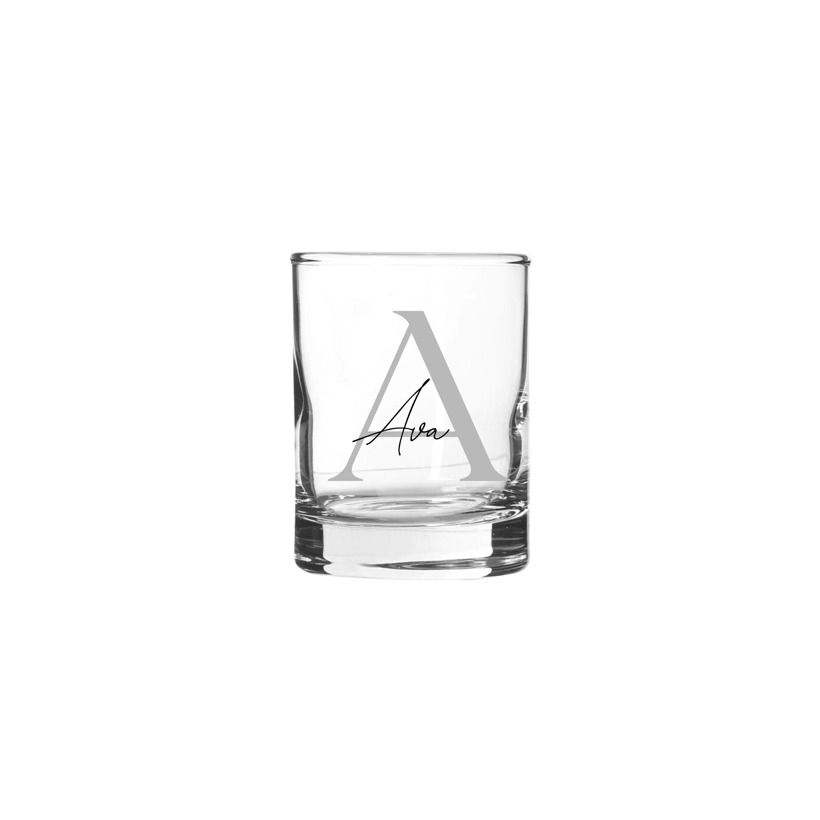 Personalised 65ml shot glass with silver letter A and name Ava, custom handmade shot glass, perfect birthday gift for her or him, milestone gift Australia