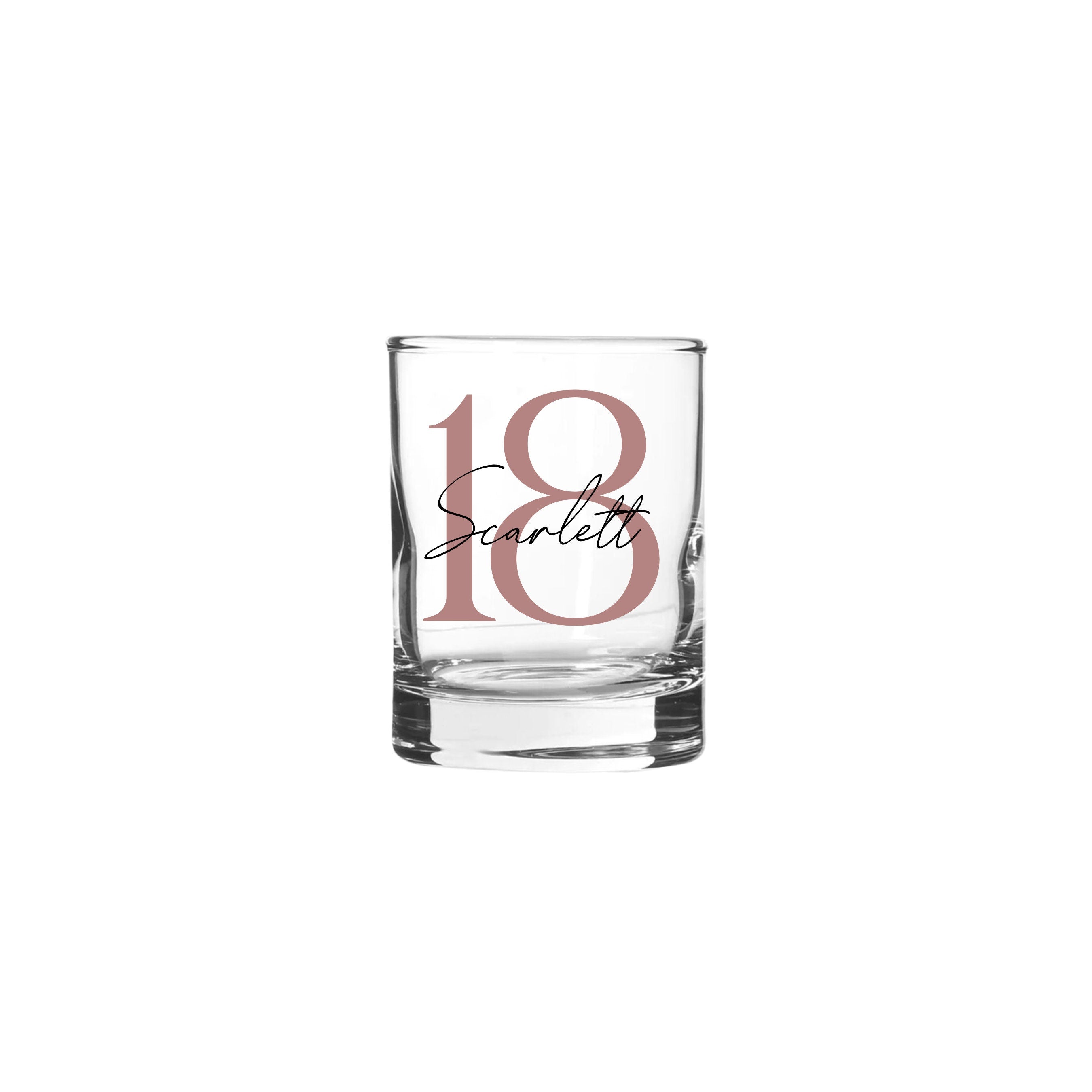 Personalised 65ml shot glass with rose gold number 18 and name Scarlett, perfect 18th birthday gift for her or him, milestone personalised gift Australia