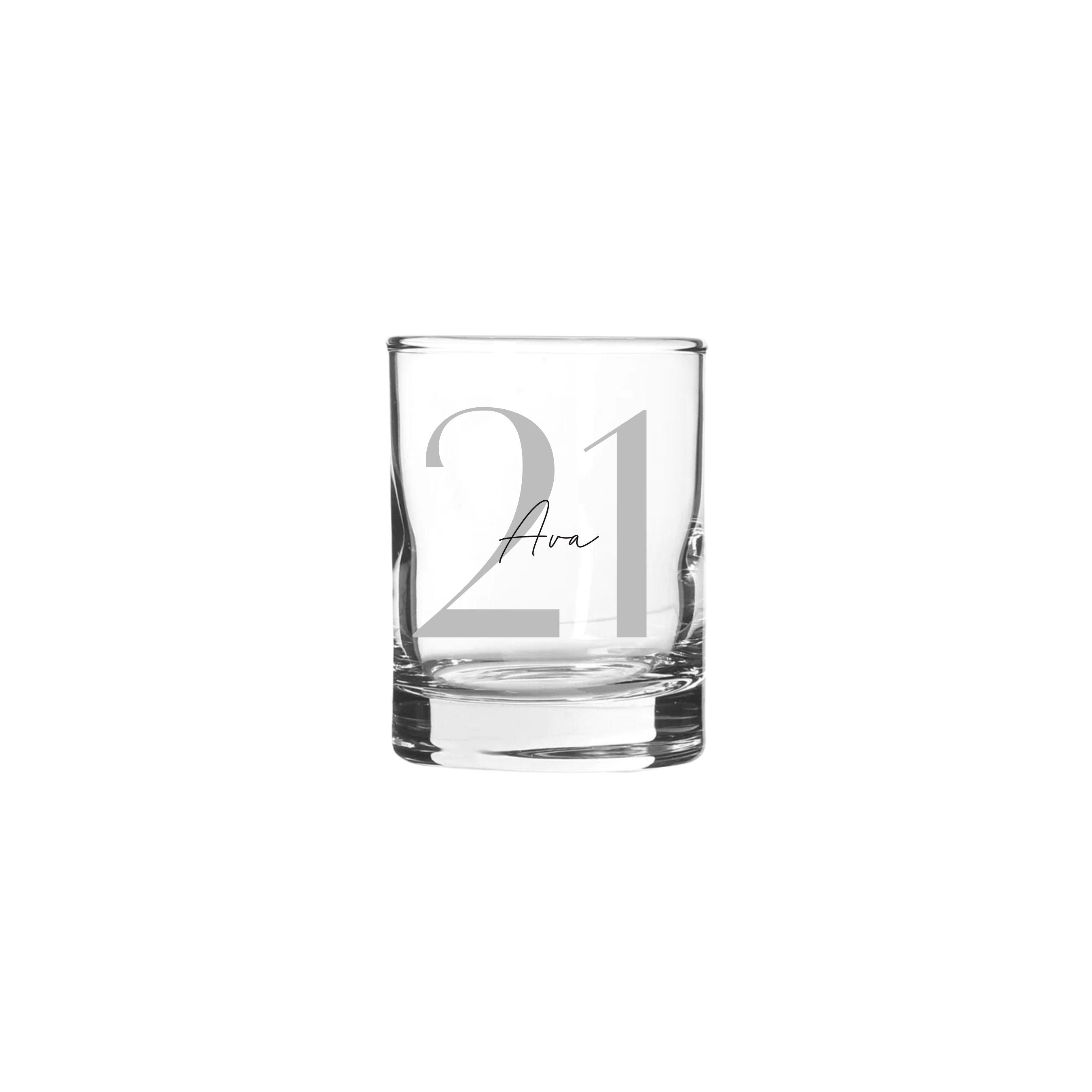 Personalised 65ml shot glass with silver number 21 and name Ava, custom 21st birthday gift for her or him, handmade personalised gift Australia