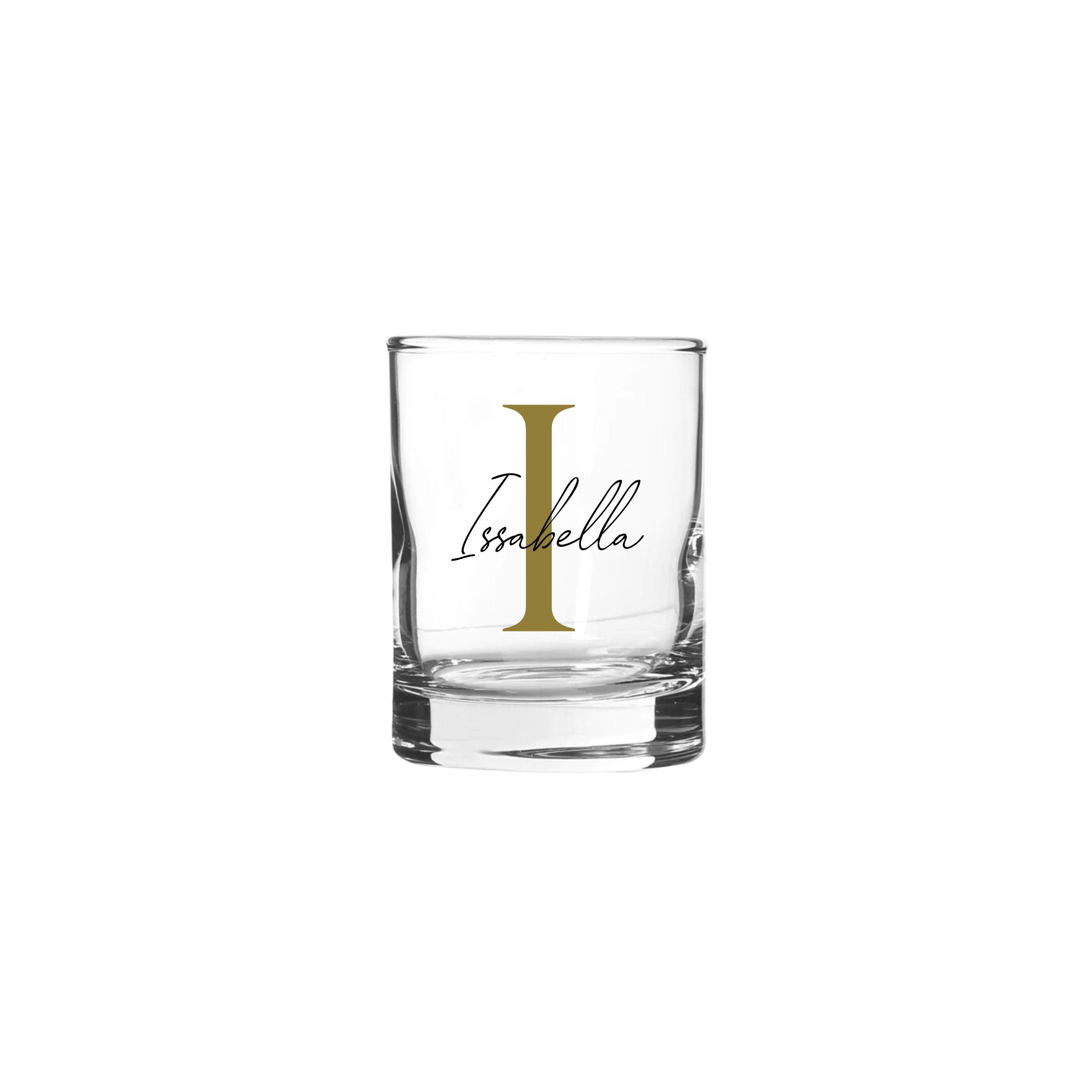 Personalised 65ml shot glass with gold letter I and name Isabella, custom birthday gift for her or him, unique handmade personalised gift Australia
